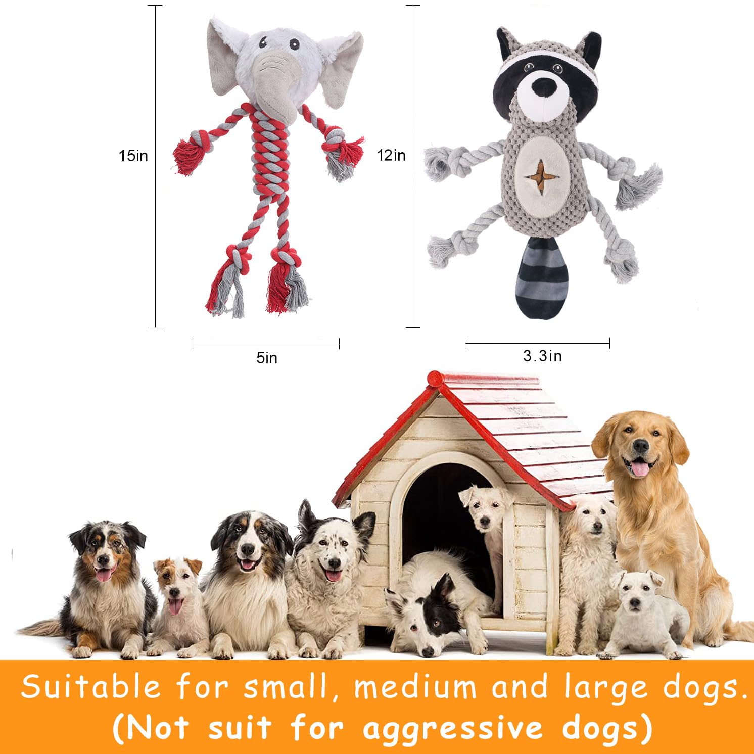 HUGEME Rope Dog Toys - Interactive Plush Squeaky Tug of War for Small to Large Dogs - Grey and Red, Model HDR2P2105