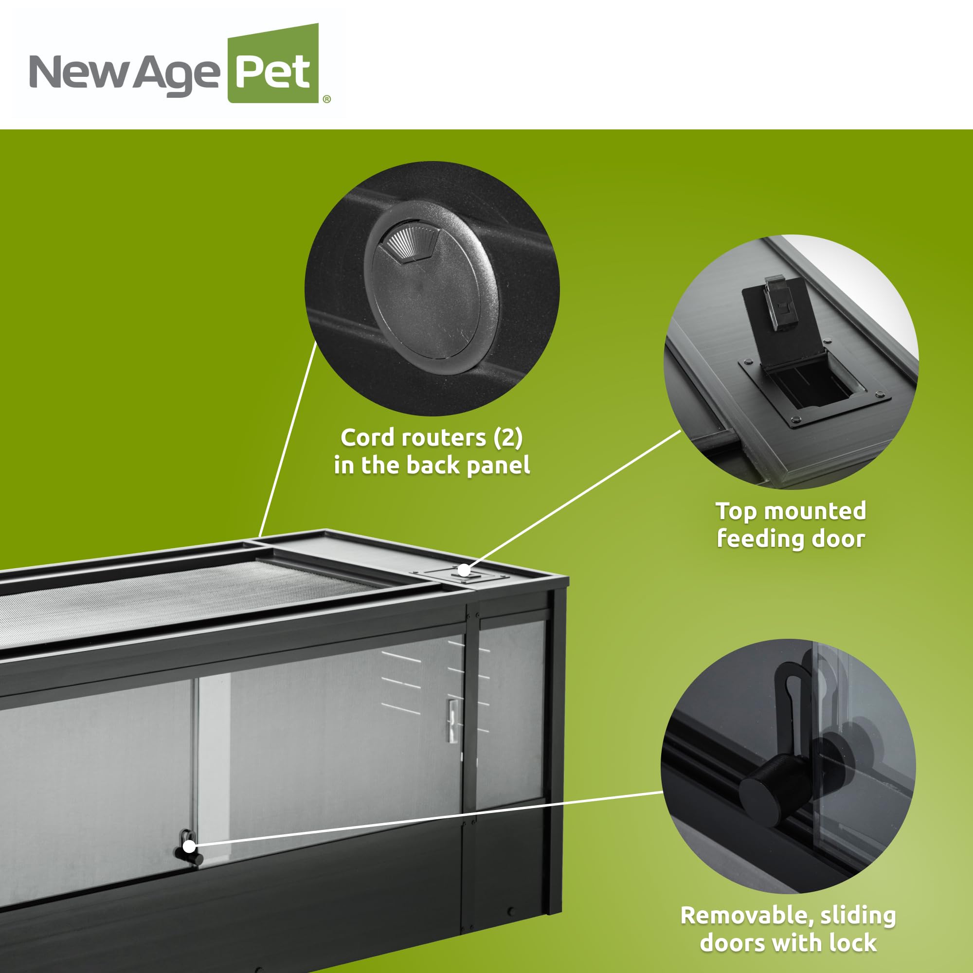 New Age Pet ECOFLEX Reptile Lounge, Extra Large, Espresso Black, Durable Wood Plastic Composite, Vented Panels, Sliding Glass Doors