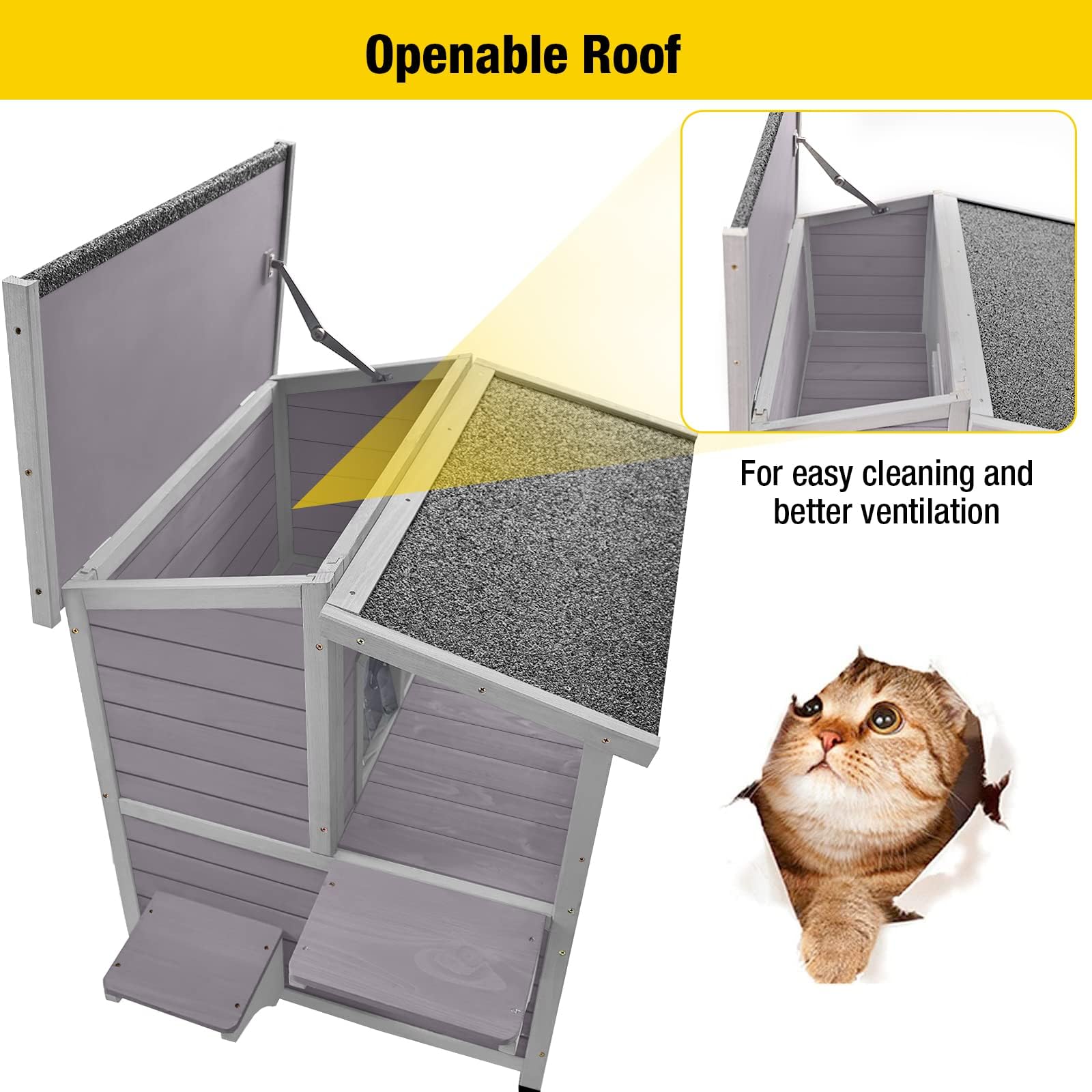 Aivituvin Outdoor Feral Cat House Wooden Kitty Shelter With Large Balcony,Escape Door,Waterproof