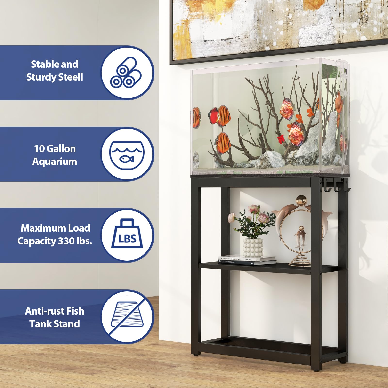 Livofloral 10-20 Gallon Fish Tank Stand with Storage Shelf, Aquarium Stand Measuring 24.8 W x 9.5 D x 30.1 H with Hooks,Heavy Du
