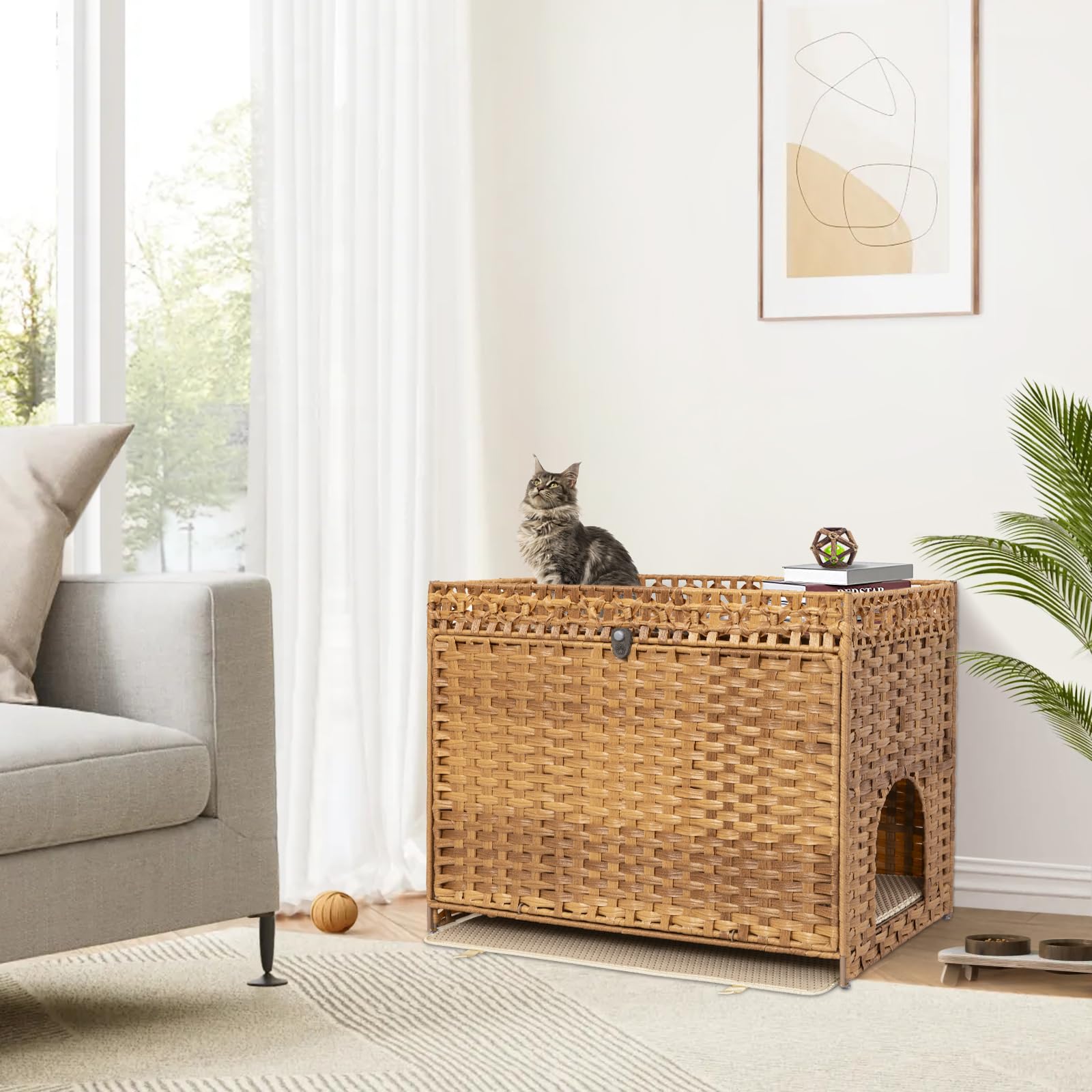 Cat Litter Box Enclosure Furniture Hidden With Soft Mat,Handwoven Rattan Cat House With Door For Large Cats Stylish Hidden Washr