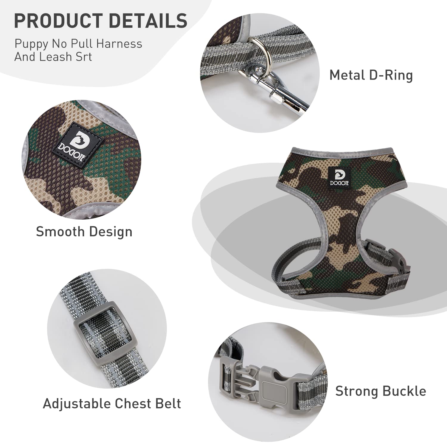 Puppy Harness And Leash Set - Dog Vest Harness For Small Dogs Medium Dogs- Adjustable Reflective Step In Harness For Dogs - Soft Mesh Comfort Fit No Pull No Choke (L, Camouflage Green)