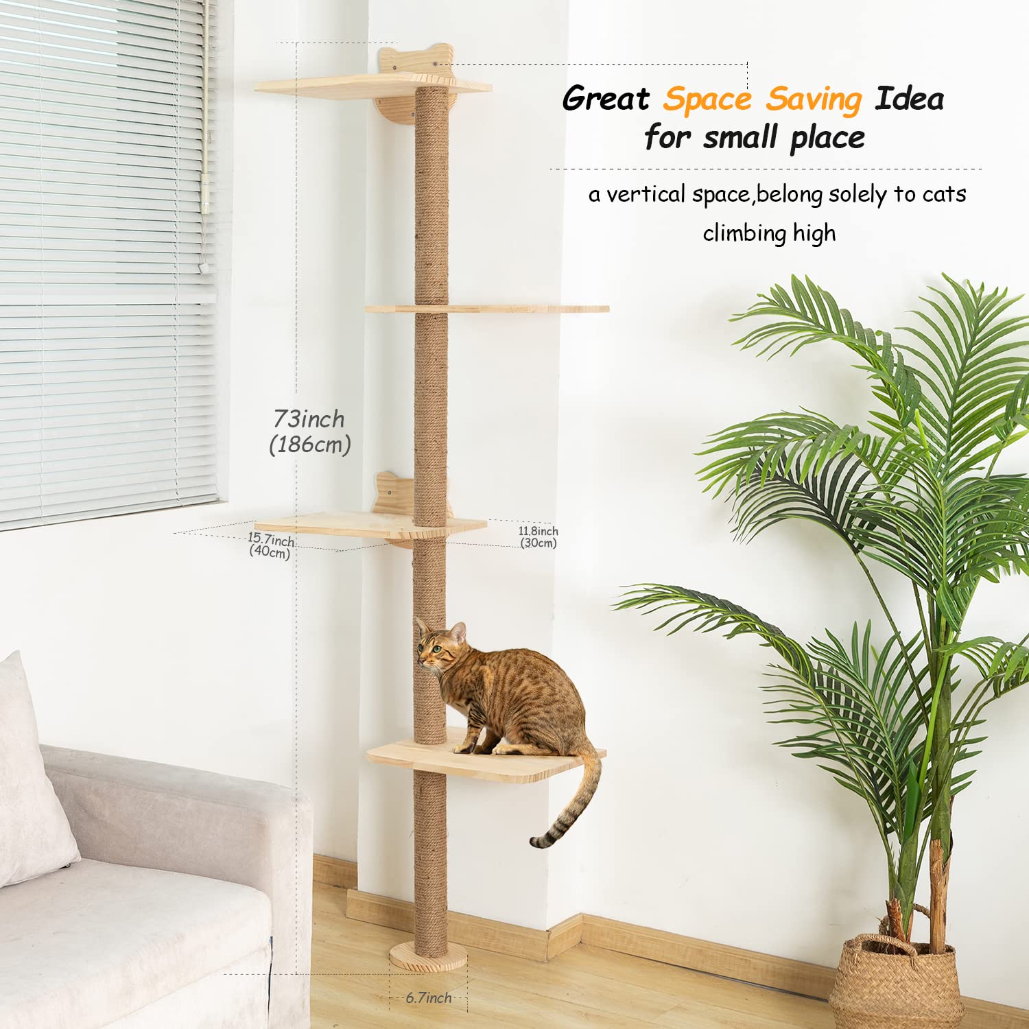 Cat Tree Wall Mounted Tall Scratching Post For Indoor Cats Climbing Tower Activity Wood Cat Wall Furniture 73 Inch