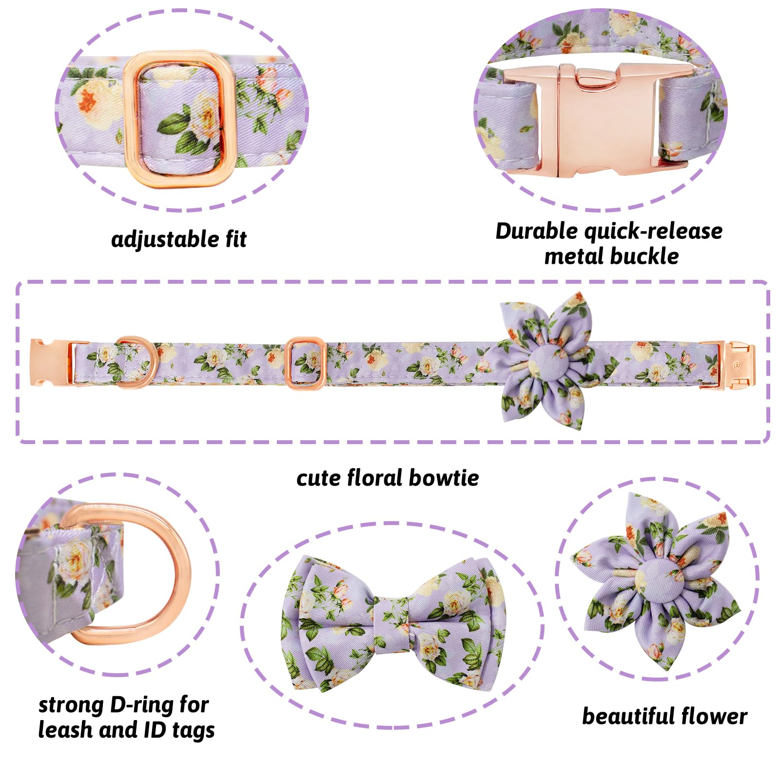 HSIGIO Dog Collar and Leash Set Girls Adjustable Puppy Collars with Floral Bow Tie for Small Medium Large Female Dogs, Light Pur