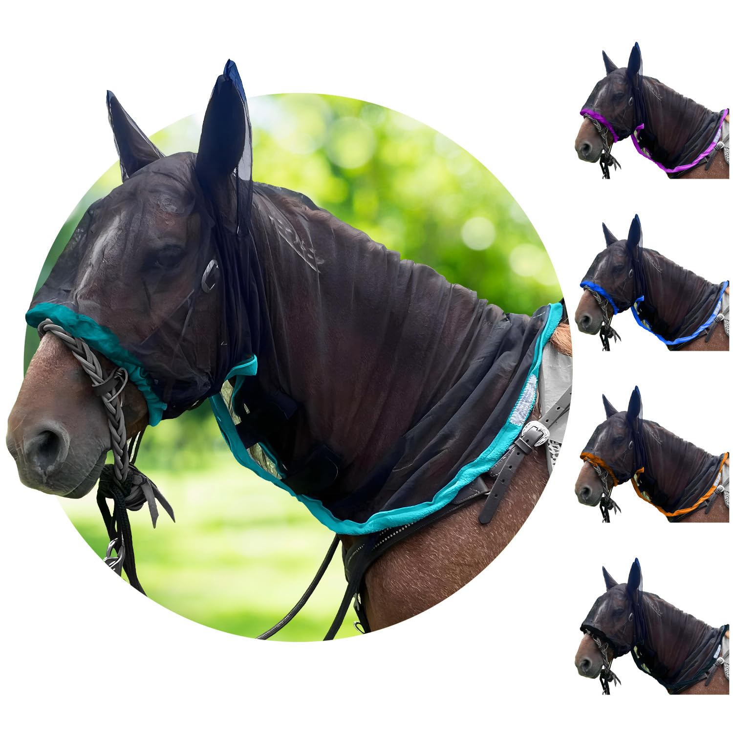 Full Horse Fly Mask with Ears - Aqua Full Hoodie Warmblood Nose-to-Wither Fly Masks for Horses with Ears Horse Mask with Ear Pro
