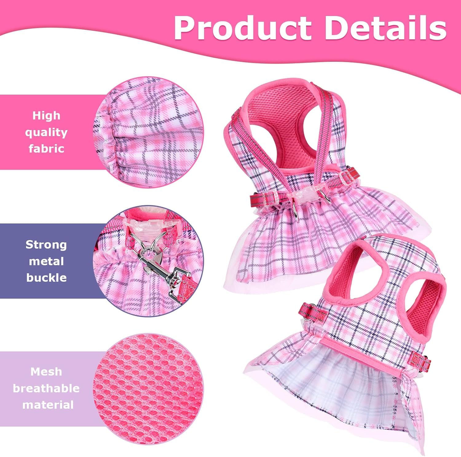 Small Dog Dress Harness Girl Female, No Pull Harnesses Outfit Apparel, Medium Summer Adjustable Puppy Plaid Skirt Vest Cat Cloth