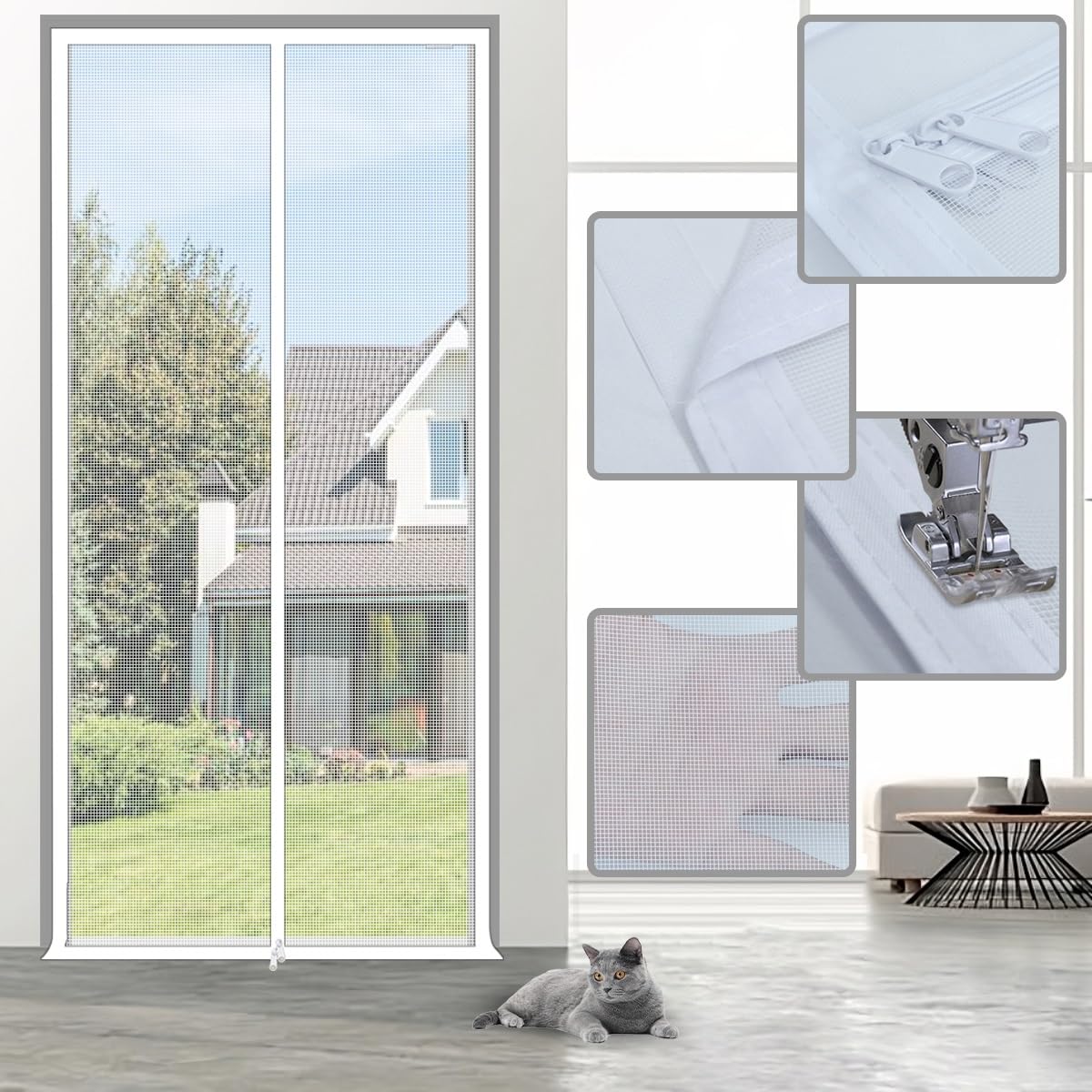 Cat Screen Door 35.5x82.5 Reinforced Cat Resistant Mesh Creen Door Zipper Pets Proof Screen Door Prevent Pet Escape Door Curta