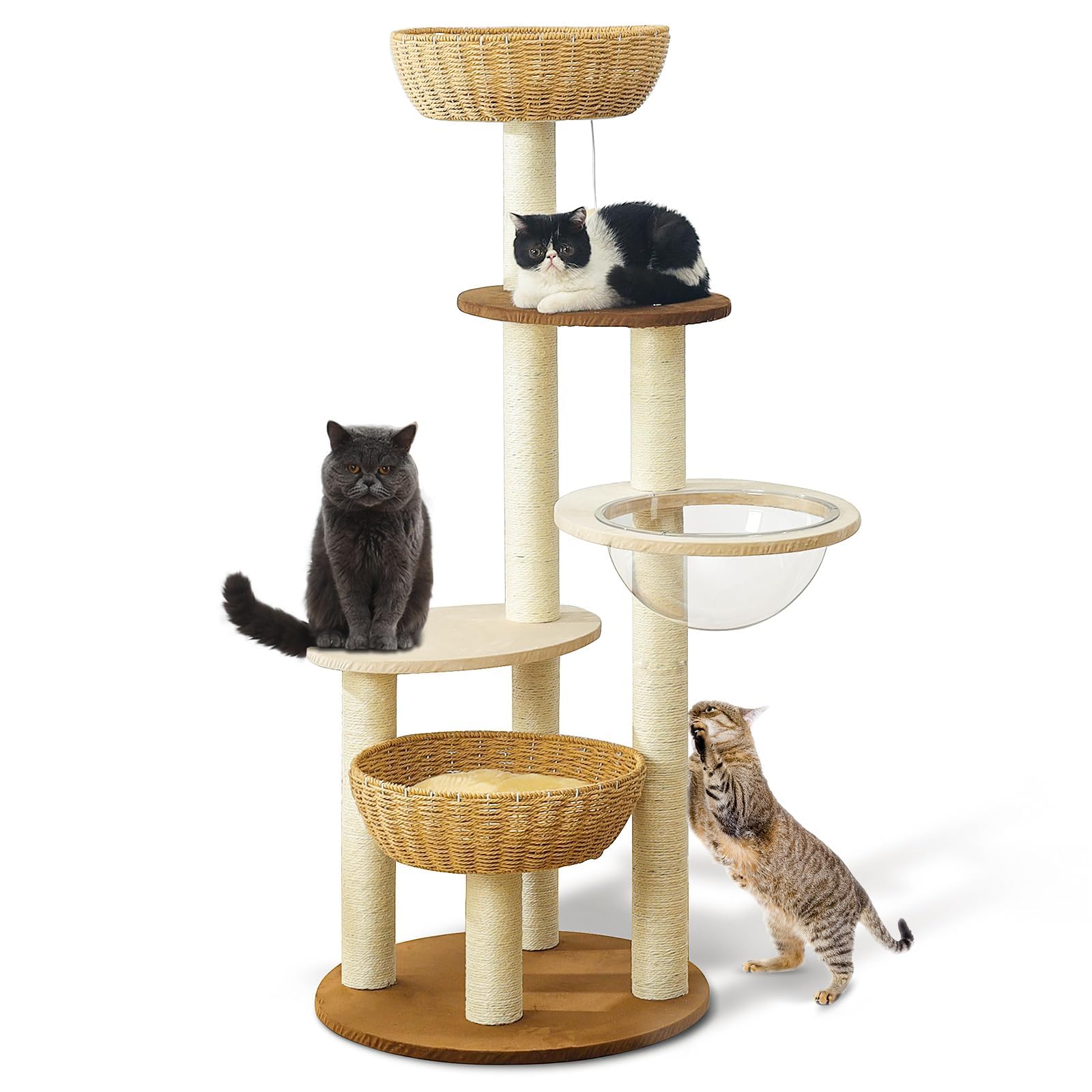 Hiyong Modern Tree Tower For Large Cats - Natural Sisal Luxury Condo, Hand Woven Wood Tower, Indoor Scratching Tree, New Lover G