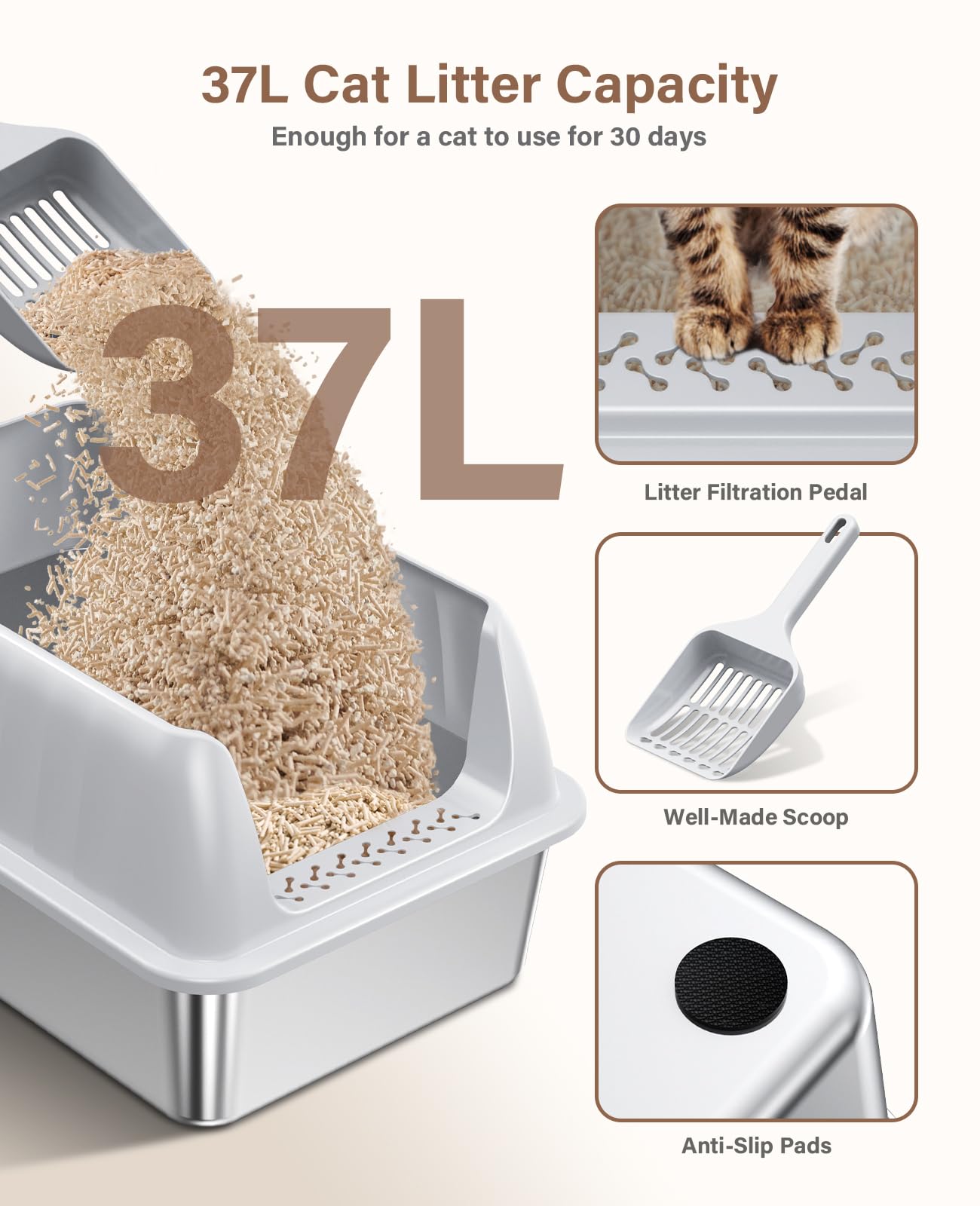 Stainless Steel Litter Box With Lid, Extra Large Metal Litter Box Pan With Scoop For Cats High Sided, Non-Sticky, Anti-Urine Lea