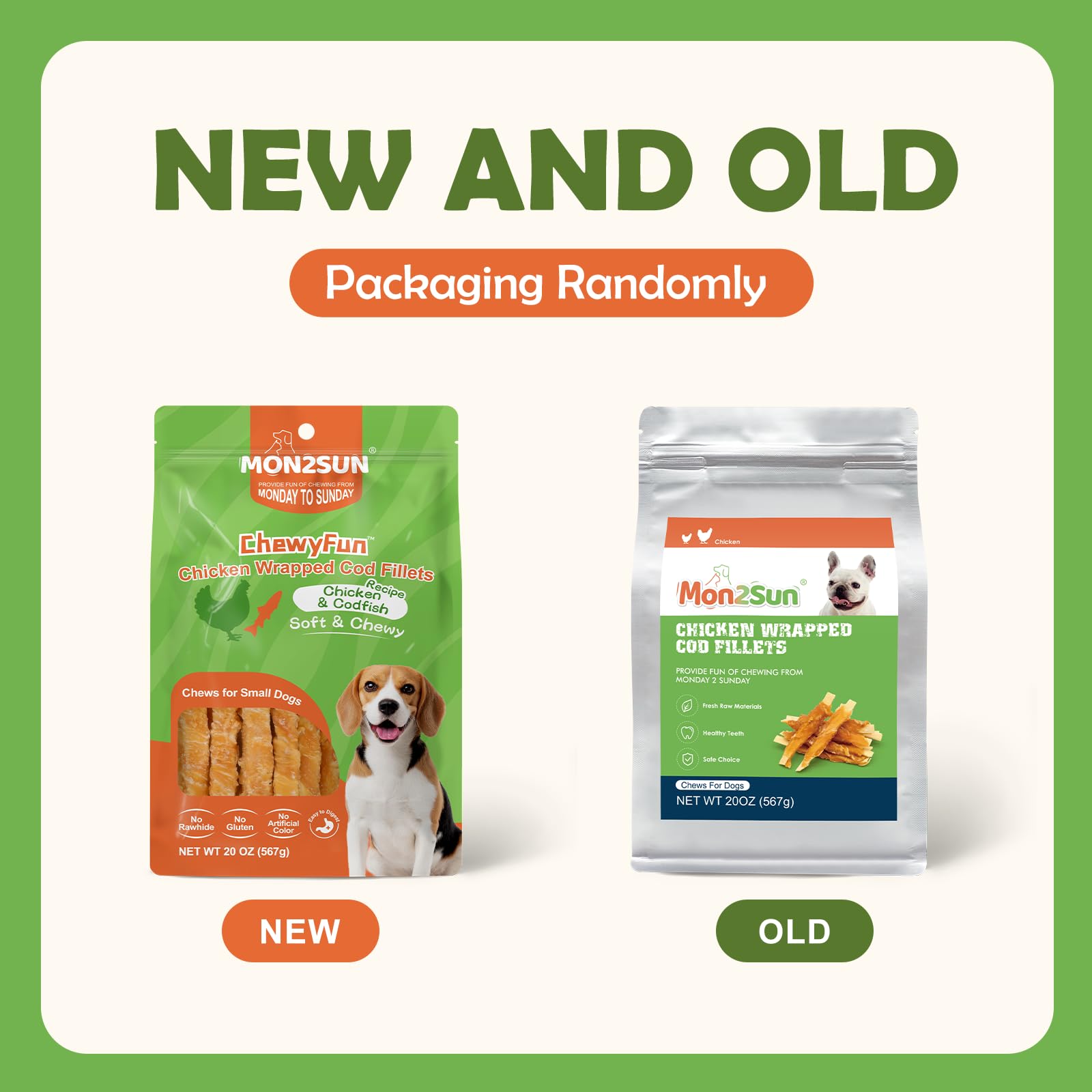 MON2SUN Rawhide Free Dog Treats, 4 Inch Chicken Wrapped Cod Fillet Dog Snacks for Small Dogs, Soft and Training Treats, 20oz (56