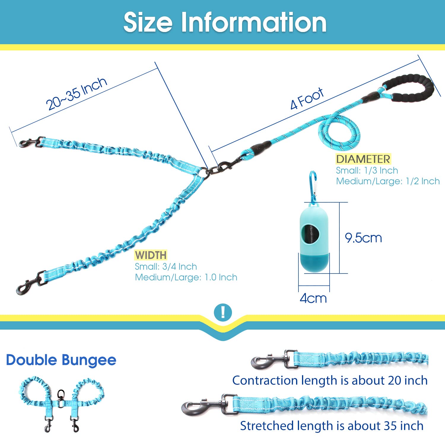 Baapet Double Dog Leash, 4 Ft Rope Dog Leash With Tangle Free Shock Absorbing Bungee And Poop Bags For Dual Small Medium Large Dogs (Small, Blue)