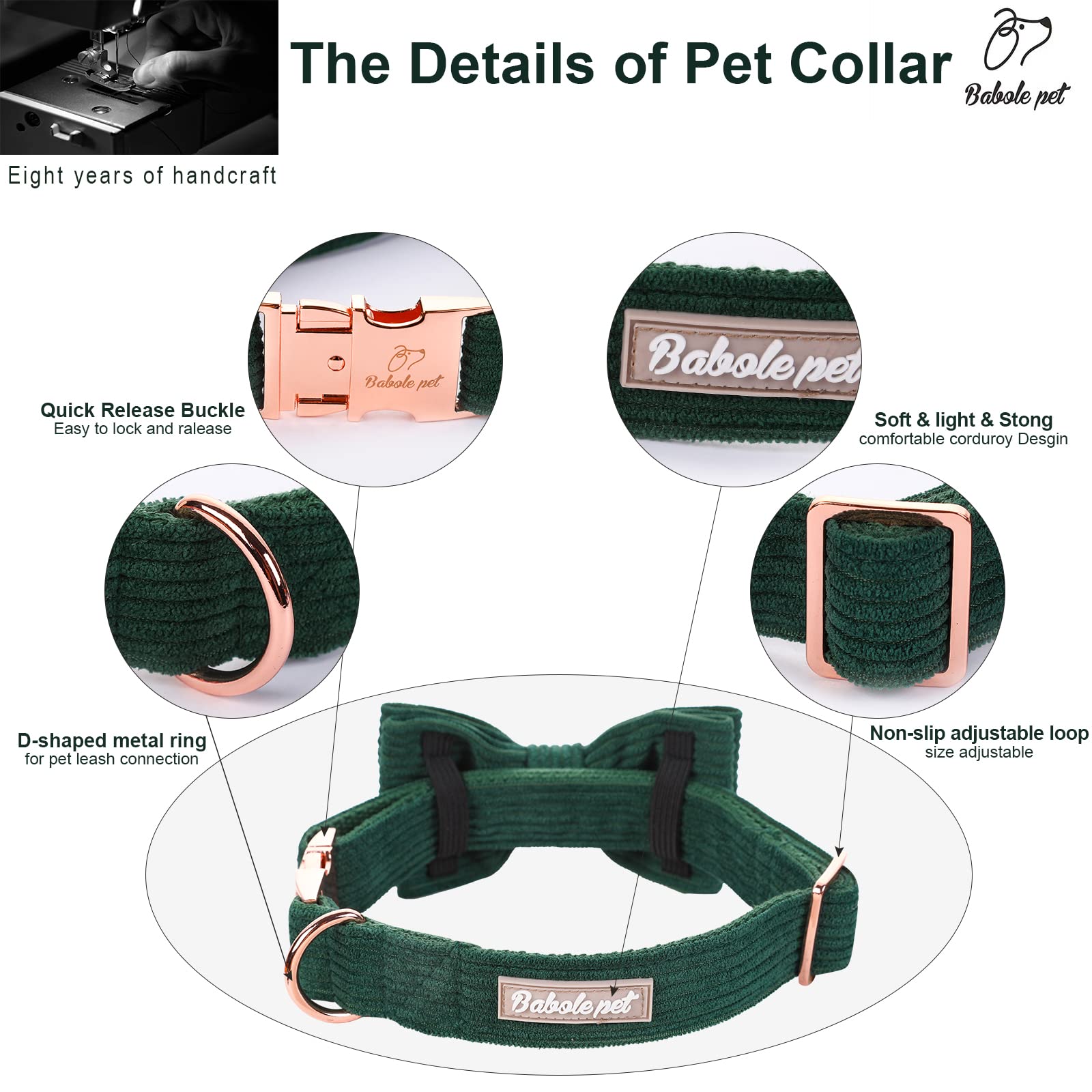 Babole Pet Green Dog Collars for Small Dog,Cute Corduroy Dog Collar with Bow Tie Safety Metal Buckle Adjustable Puppy Collars fo