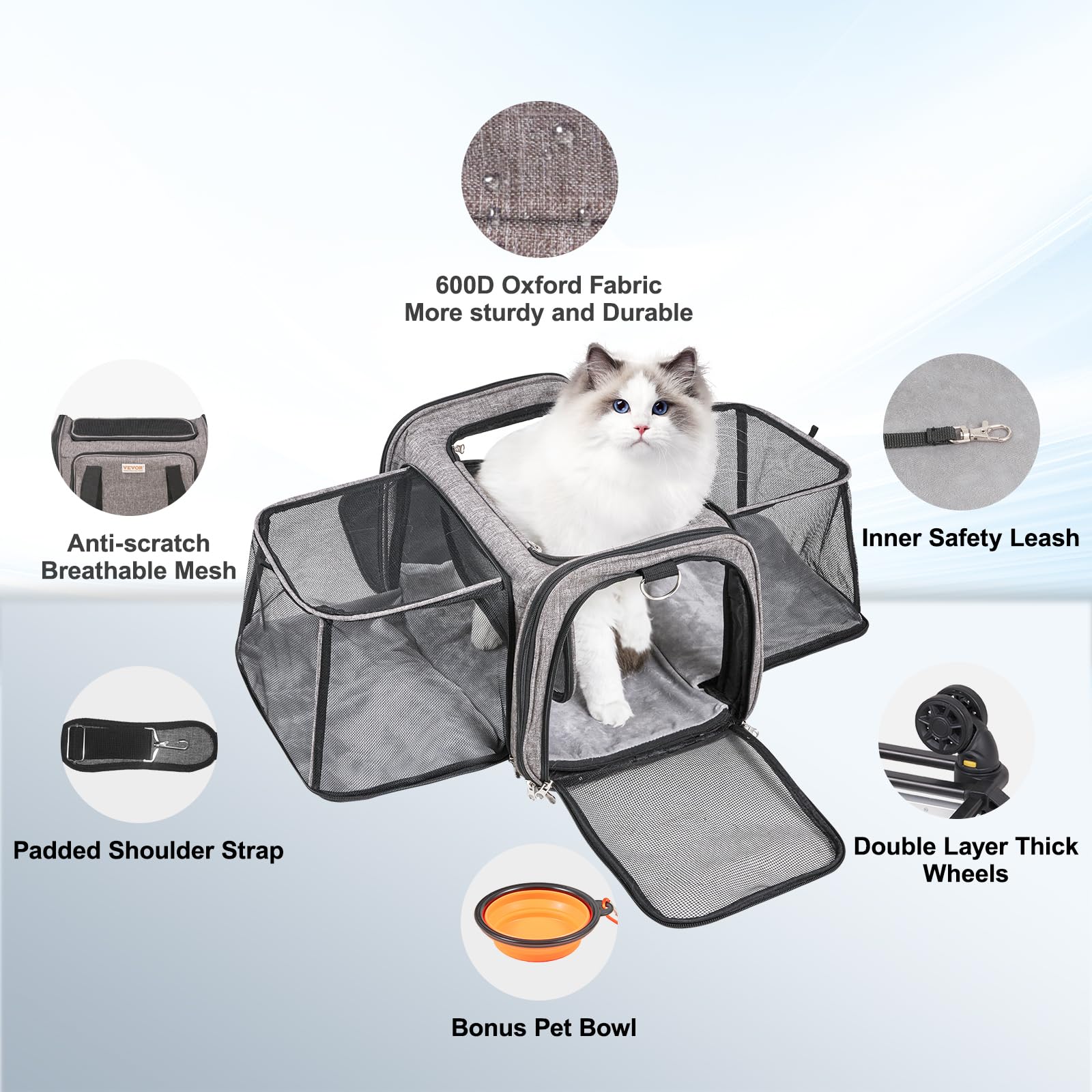 VEVOR Rolling Pet Carrier with Wheels, Expandable, Grey, 17.5L x 11.2W x 11.4H, for Pets up to 25lbs, Model