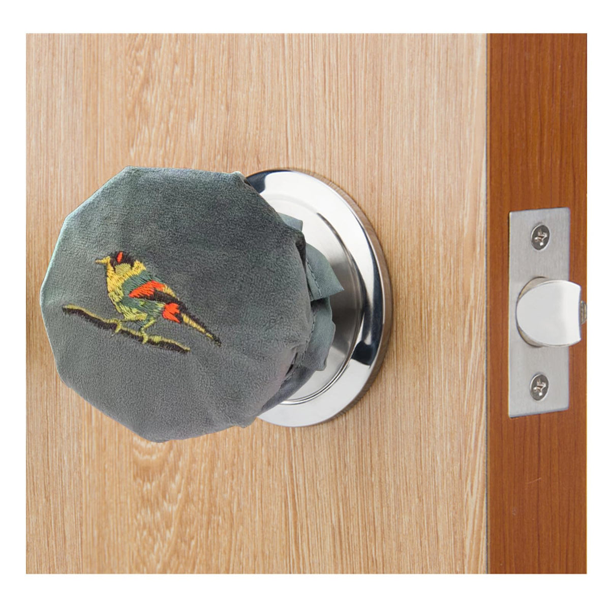 Pansha Door Knob Cover Grey With Bird Embroidered 2 Pcs, Soft Velvet Wall Protector, Decorative Door Knob Cushion Not To Dent Applicances