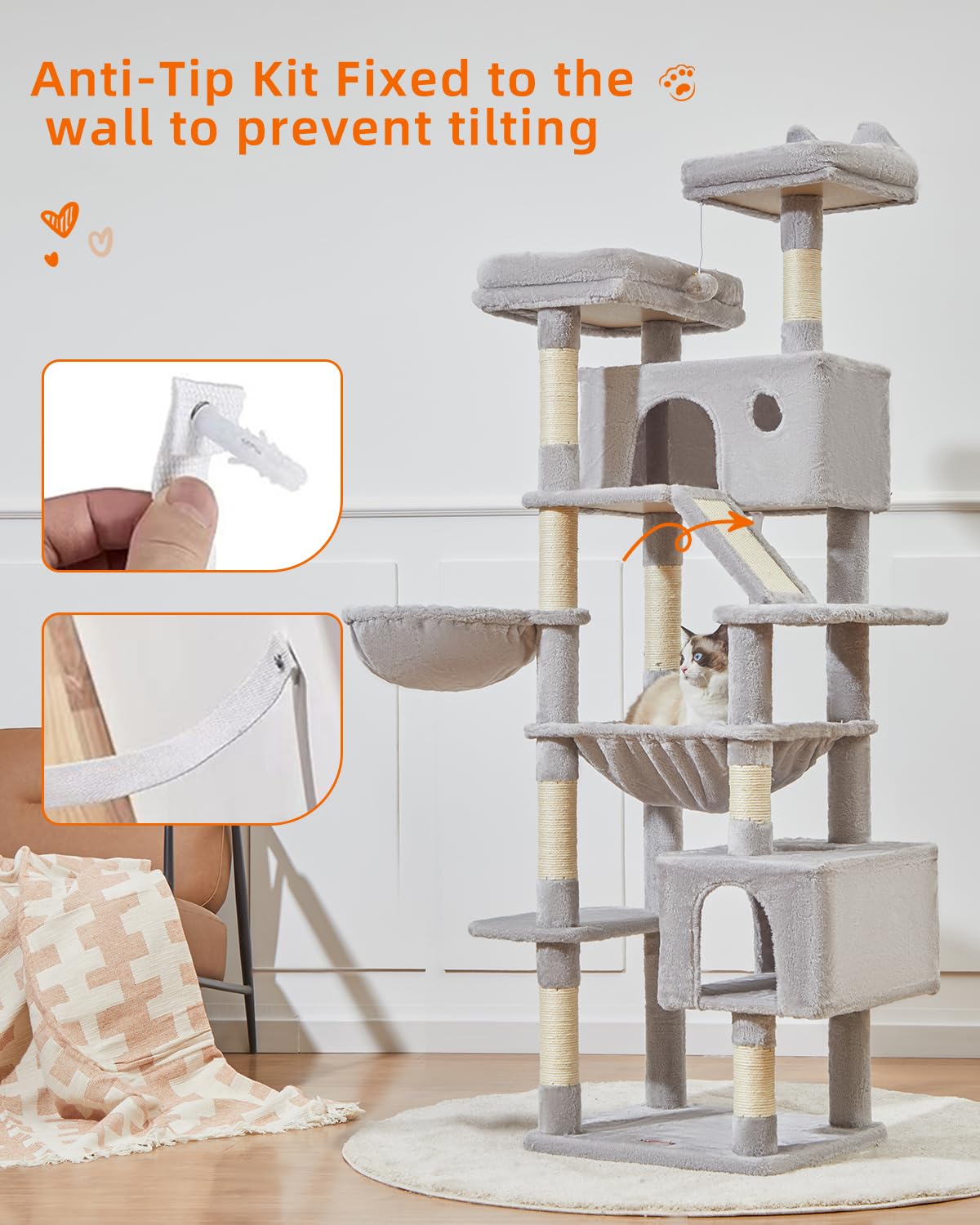 Taoqimiao Cat Tree 71-Inch, Cat Tower for Indoor Cats Large Adult, Multi-Level Large Cat Condo, 8 Sisal Scratching Posts, Metal