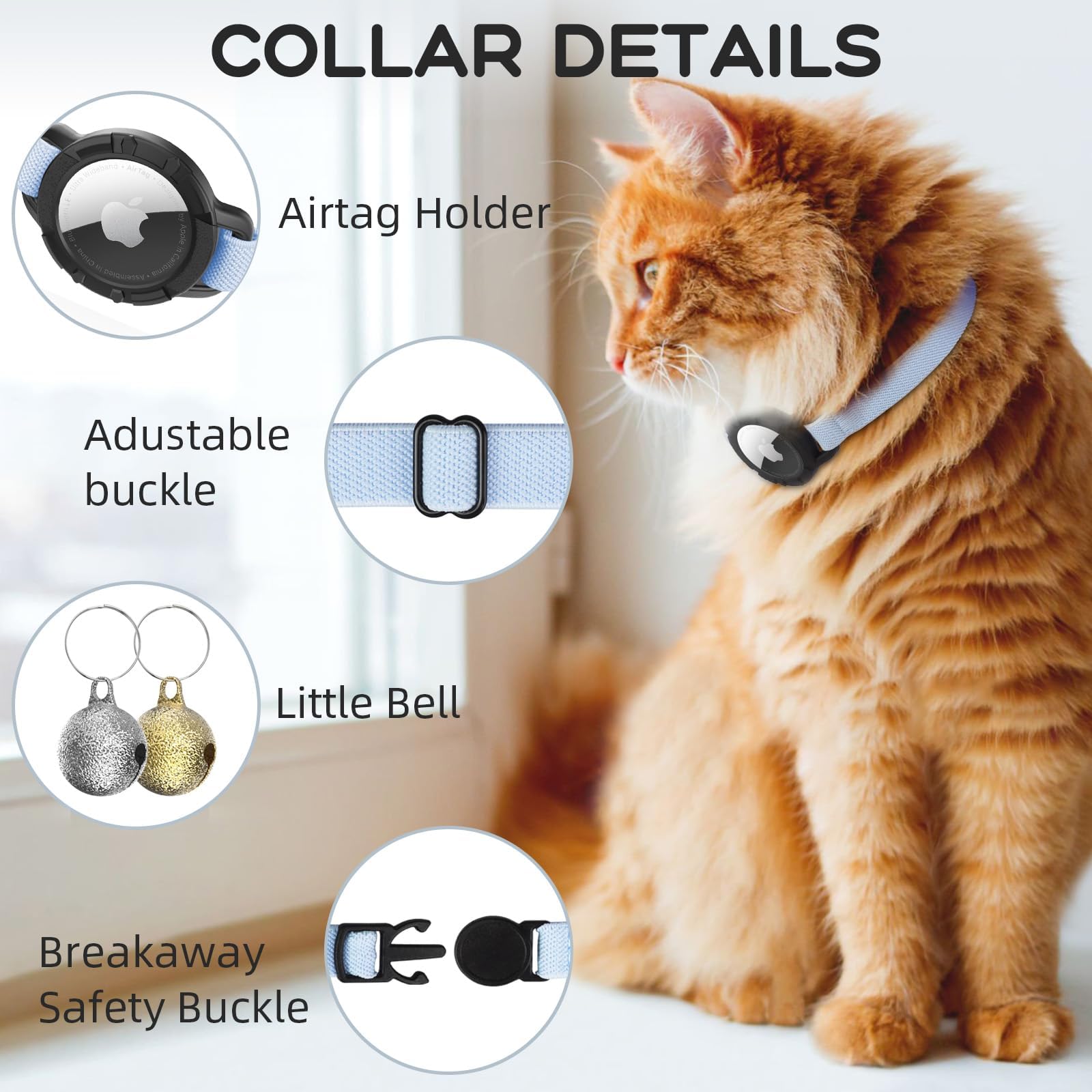 Airtag Cat Collar, Sucegi Stretchy Kitten Collar With Apple Air Tag Holder And Bell, Breakaway Design Ultra Elastic Gps Tracking