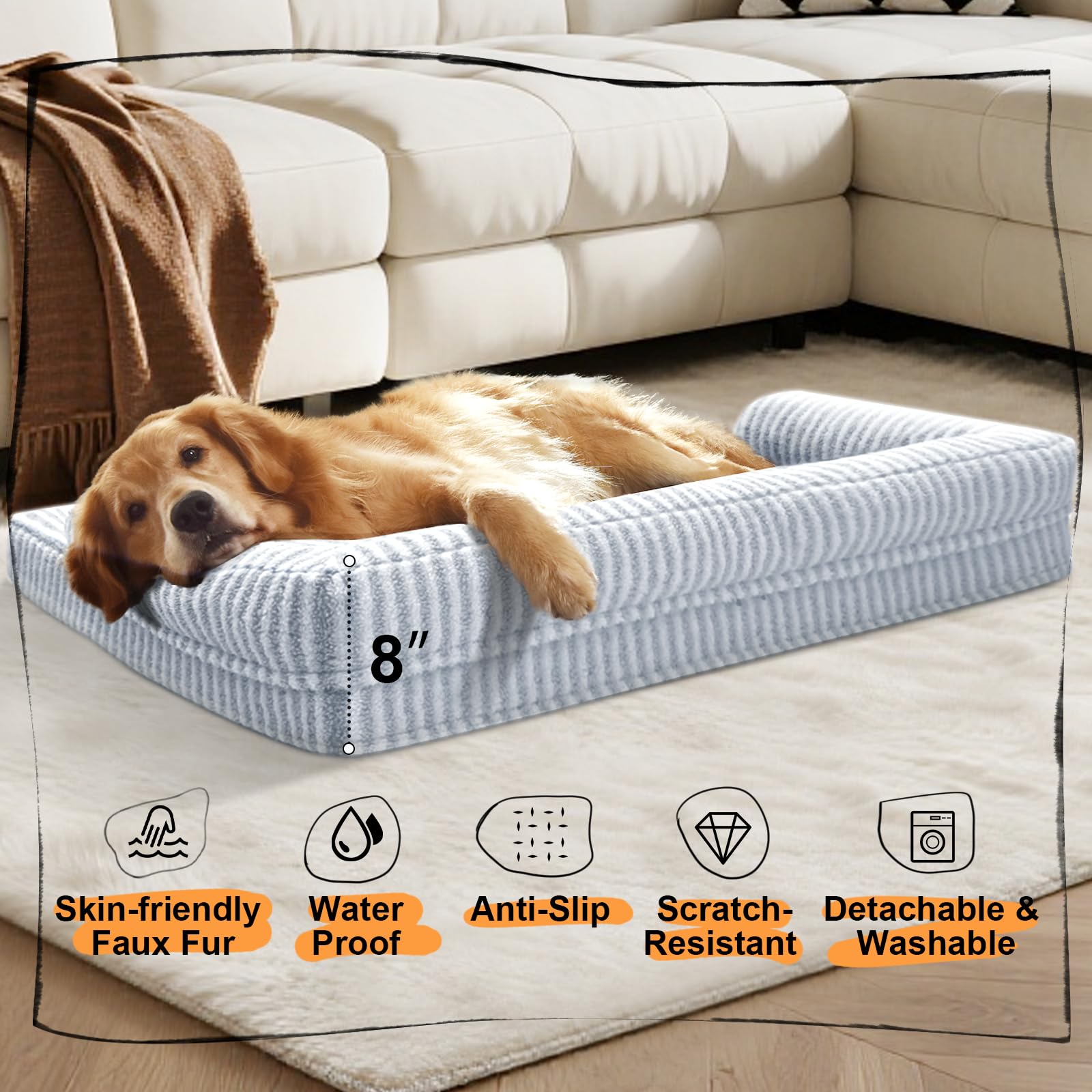 MEKIY Orthopedic Waterproof Dog Bed - Extra Large 42"x30"x8" - Light Gray Stripe, Washable Cover, Non-Slip Bottom