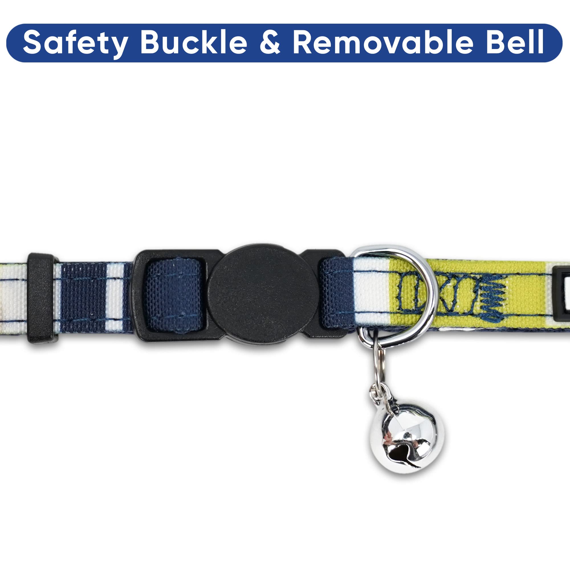 Pawtitas Pet Multicolor Cat Collar With Safety Buckle And Removable Bell Cat Collar Kitten Collar Green/White/Blue Cat Collar