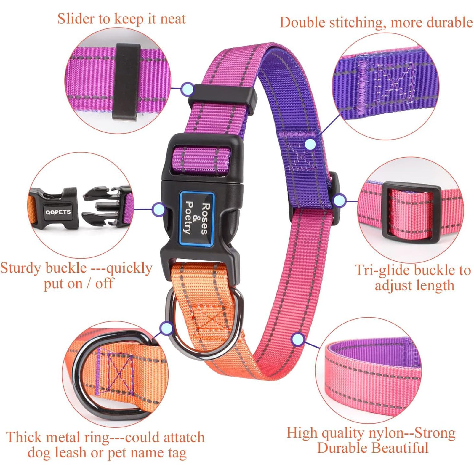 Roses&Poetry Reflective Dog Collar With Gradient Mistyrose, Adjustable Durable Pet Collars For Small Medium Large Dogs (Mistyrose-S