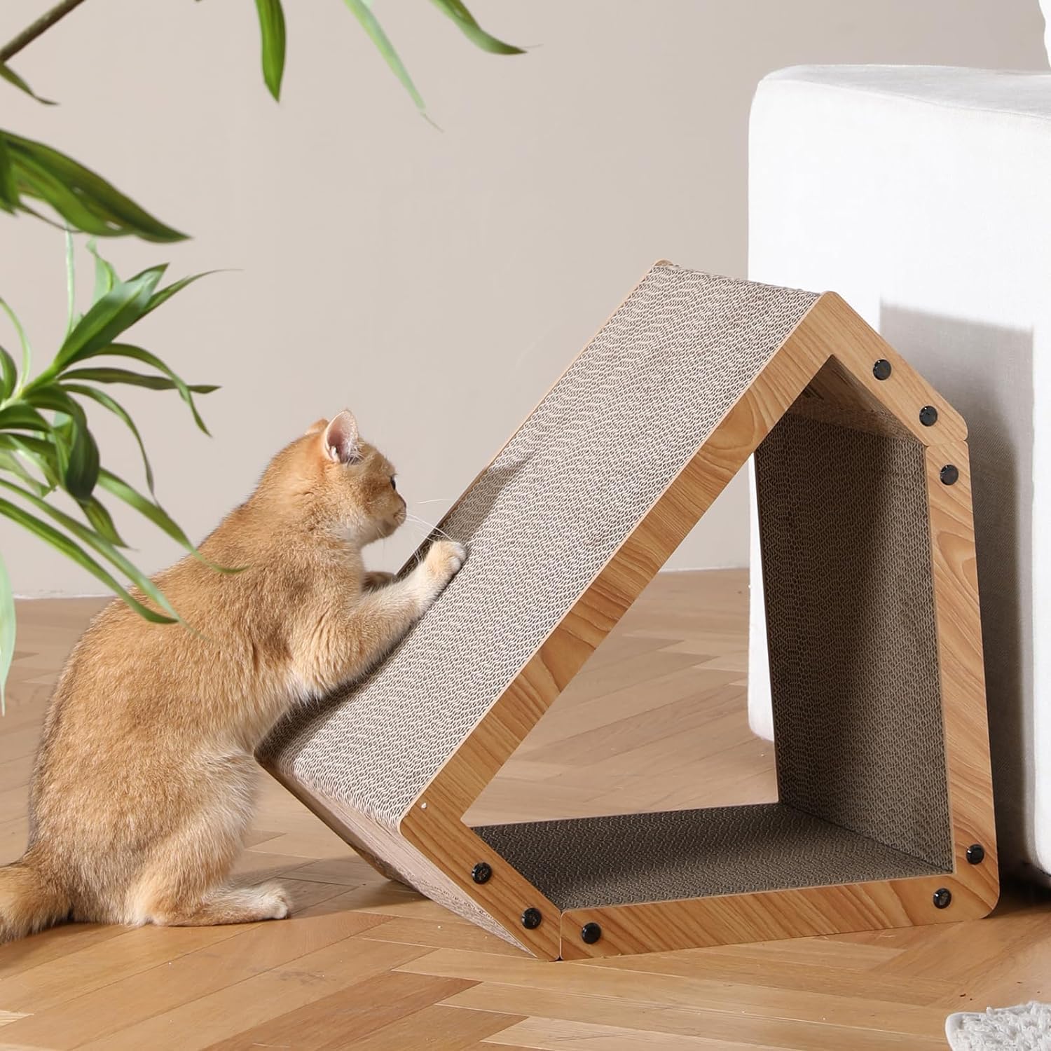 FUKUMARU Cat Scratcher House, Eco-Friendly Cardboard, Bevelled Surface, 16.14 in, Beige, Model SH02, Max Load 22 Lbs