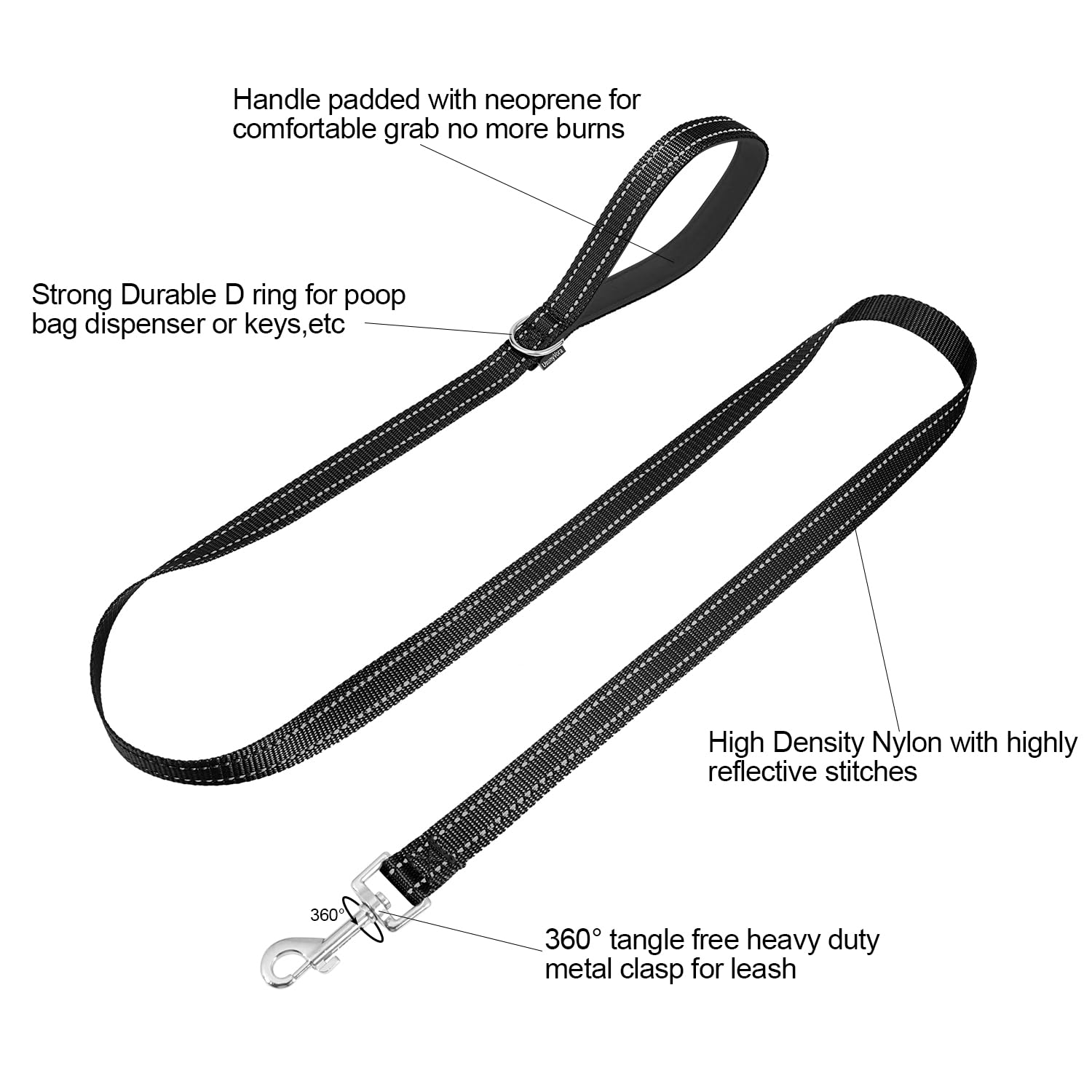 Usunyvora Reflective Nylon Dog Leash For Walking,Strong Dog Leash With Padded Handle For Medium And Large Dogs,5 Ft,Black