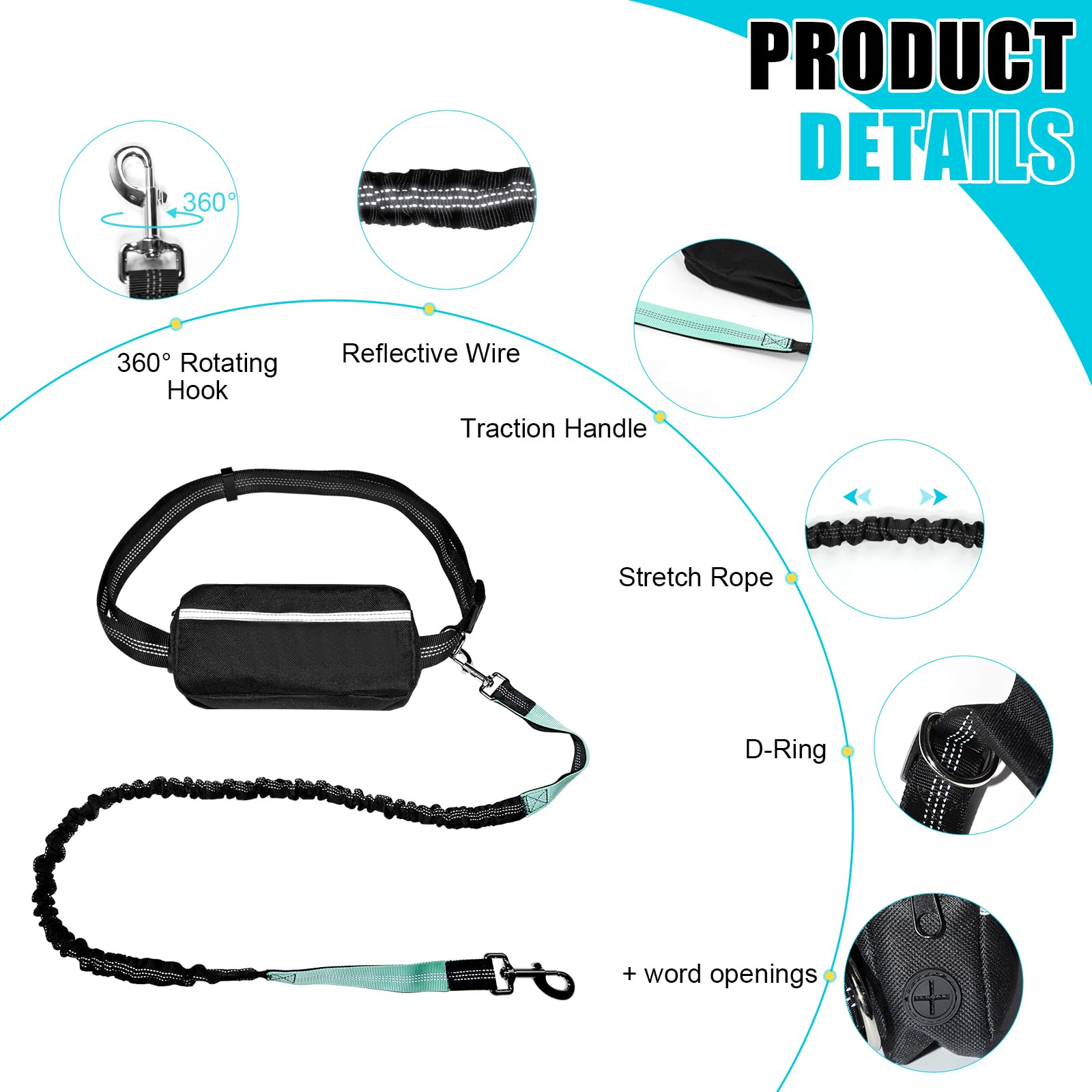 Jestrem Hands Free Dog Leash, Reflective Retractable Bungee With Double Padded Handles, Adjustable Dog Waist Leash For Running W