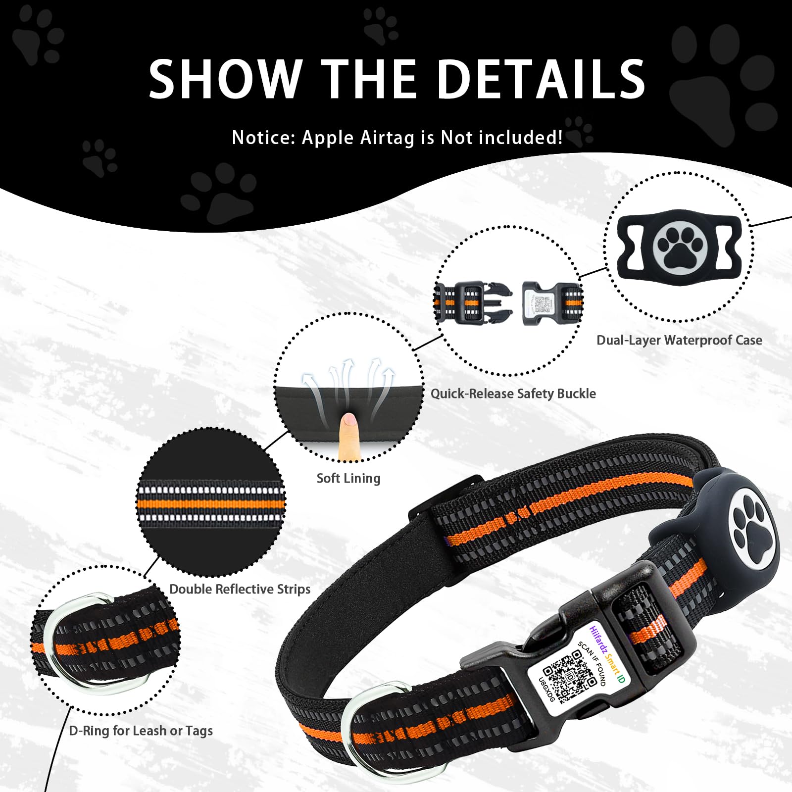 Reflective Airtag Dog Collar With Qr Code, Waterproof Airtag Holder, Soft Padded, Safety Locking Buckle, Durable, Adjustable & F