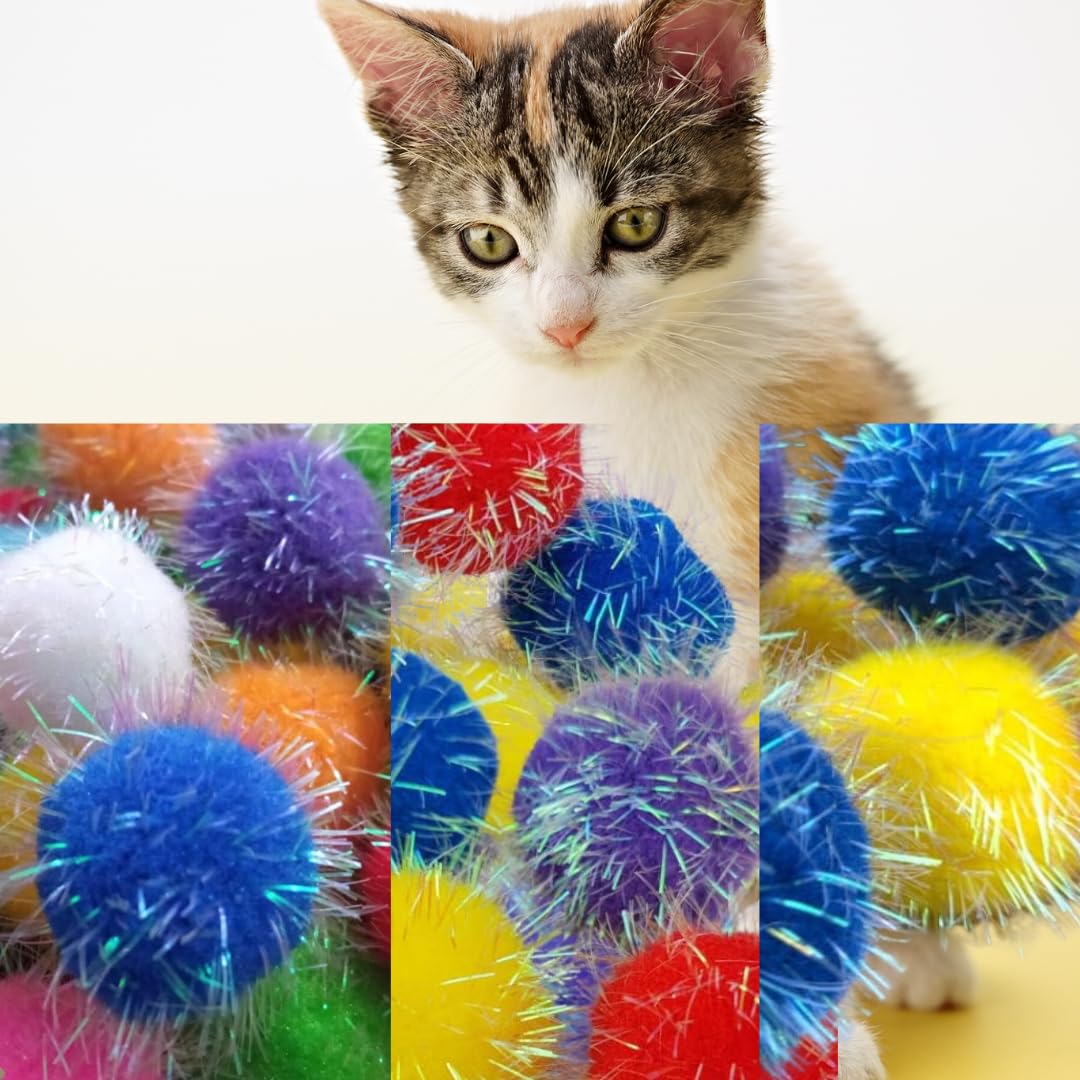 Shizhoo 20 Pieces Mix Sizes Sparkle Pom Pom Balls For Cat - Interactive Glitter Balls, Multicolor, Best As Kitten Play Toys.