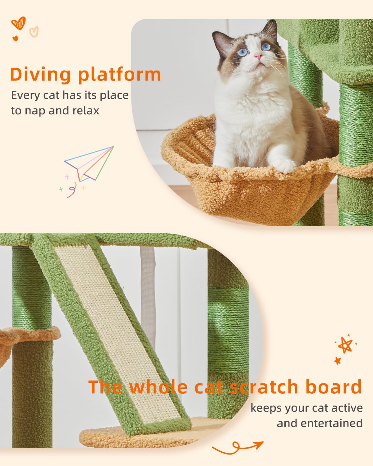 Taoqimiao Cactus Cat Tree - 57.5" Cat Tower with 8 Scratching Posts, Metal Frame, Plush Hammock, Model MSC026