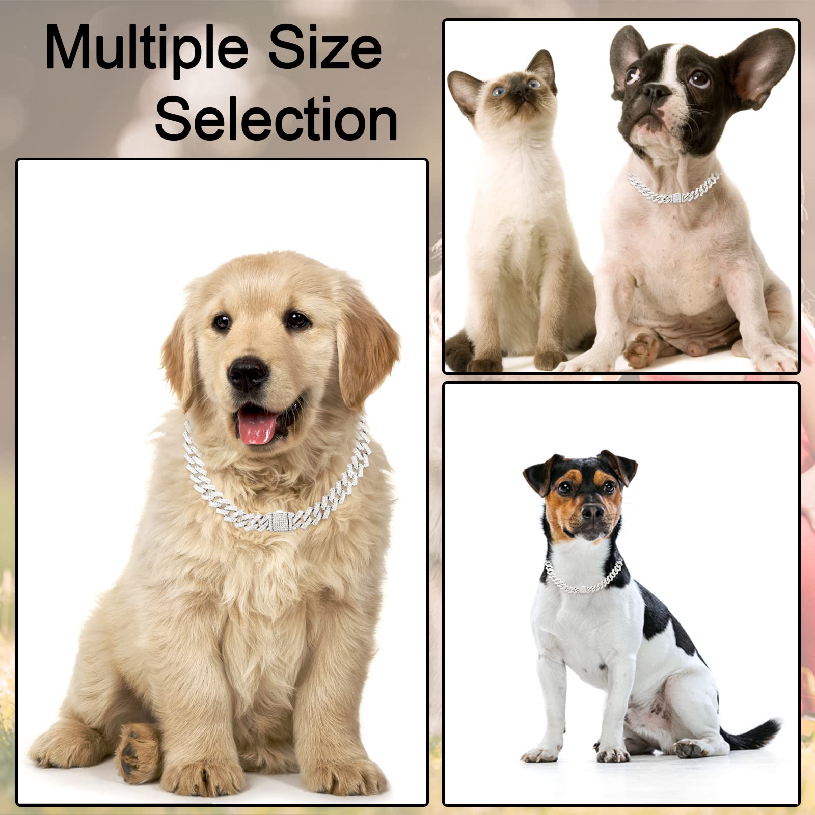 Dog Chain Collar With Glitter Diamond Cuban Design - Metal Walking Collar With Secure Buckle - Pet Link Chain Jewelry Accessorie