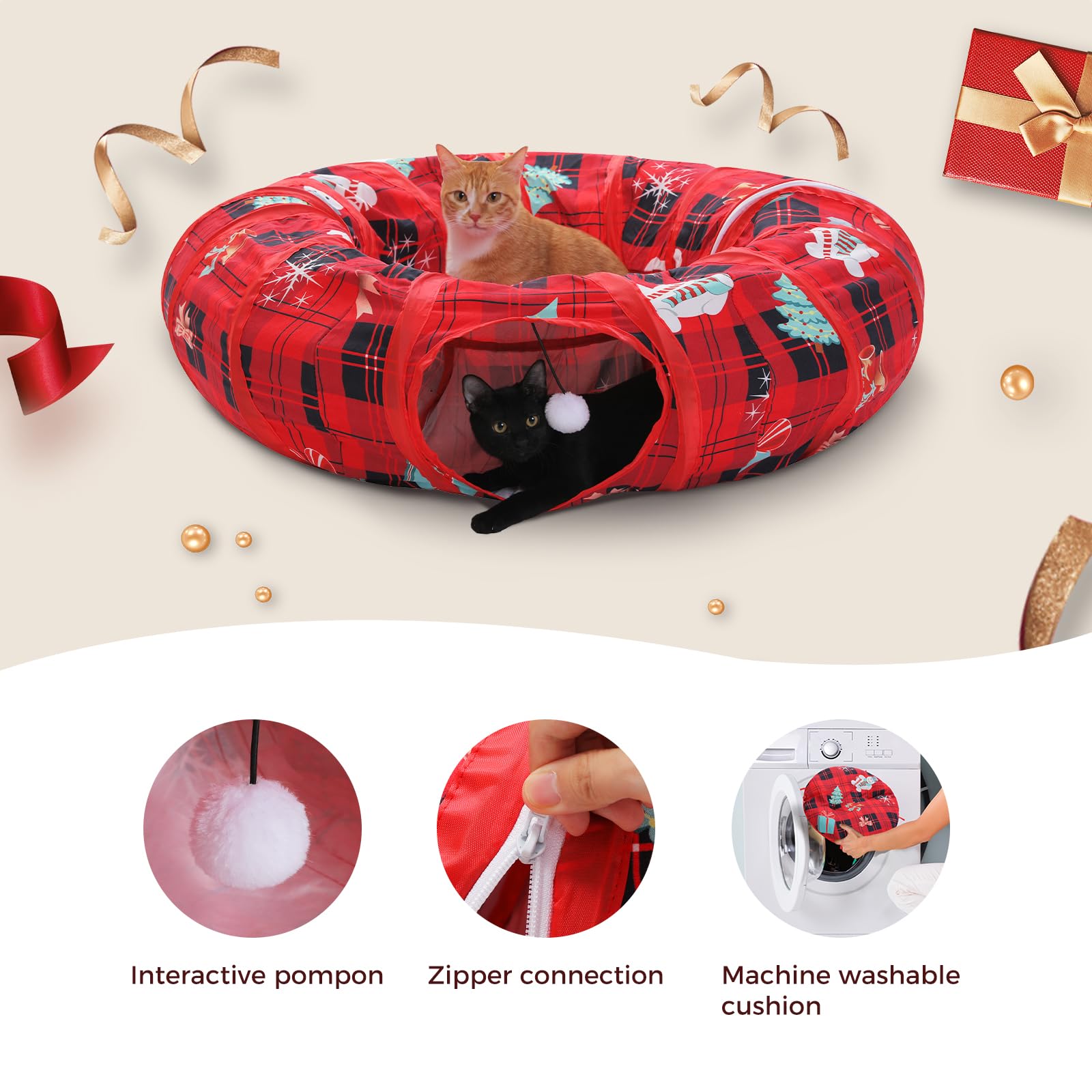 Pawz Road Cat Tunnel, Red Cat Donut Tunnel Collapsible Cat Tunnel Tube Dia-38 Inches With Soft Mat For Indoor Cats, Rabbits And