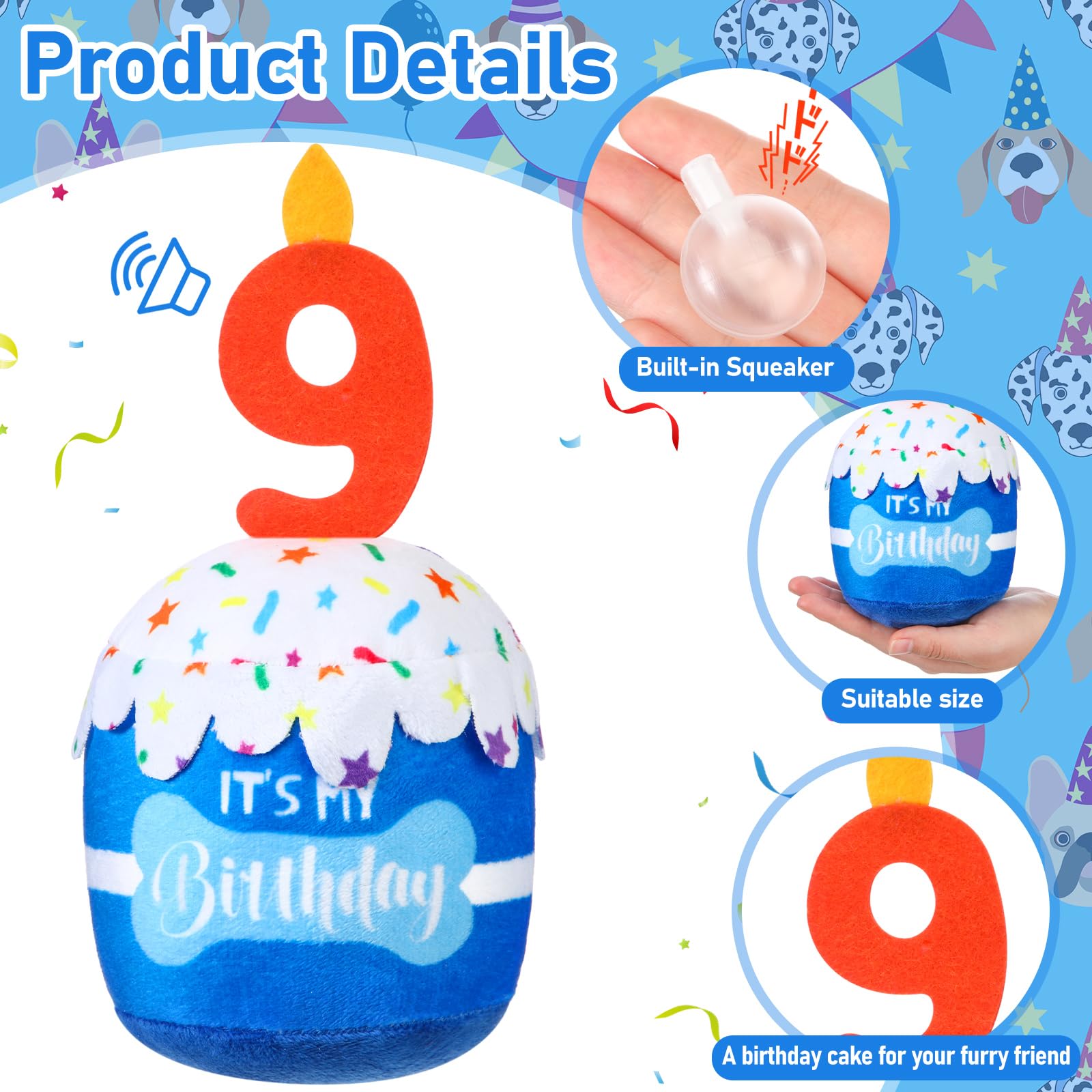 Dansydaisy Dog Birthday Cake Toy - Blue Plush Squeaky Accessory for Large, Medium & Small Dogs, Model ZHU-Dansydaisy-1193
