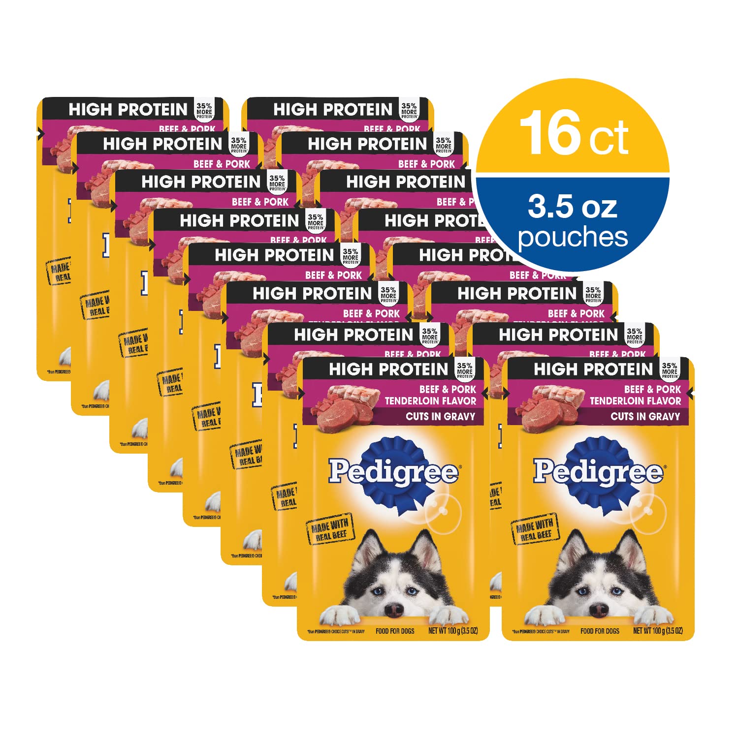 Pedigree High Protein Wet Dog Food Pouches, Beef and Pork Tenderloin Flavor Cuts in Gravy, 3.5 oz. Pouches, 16 Count