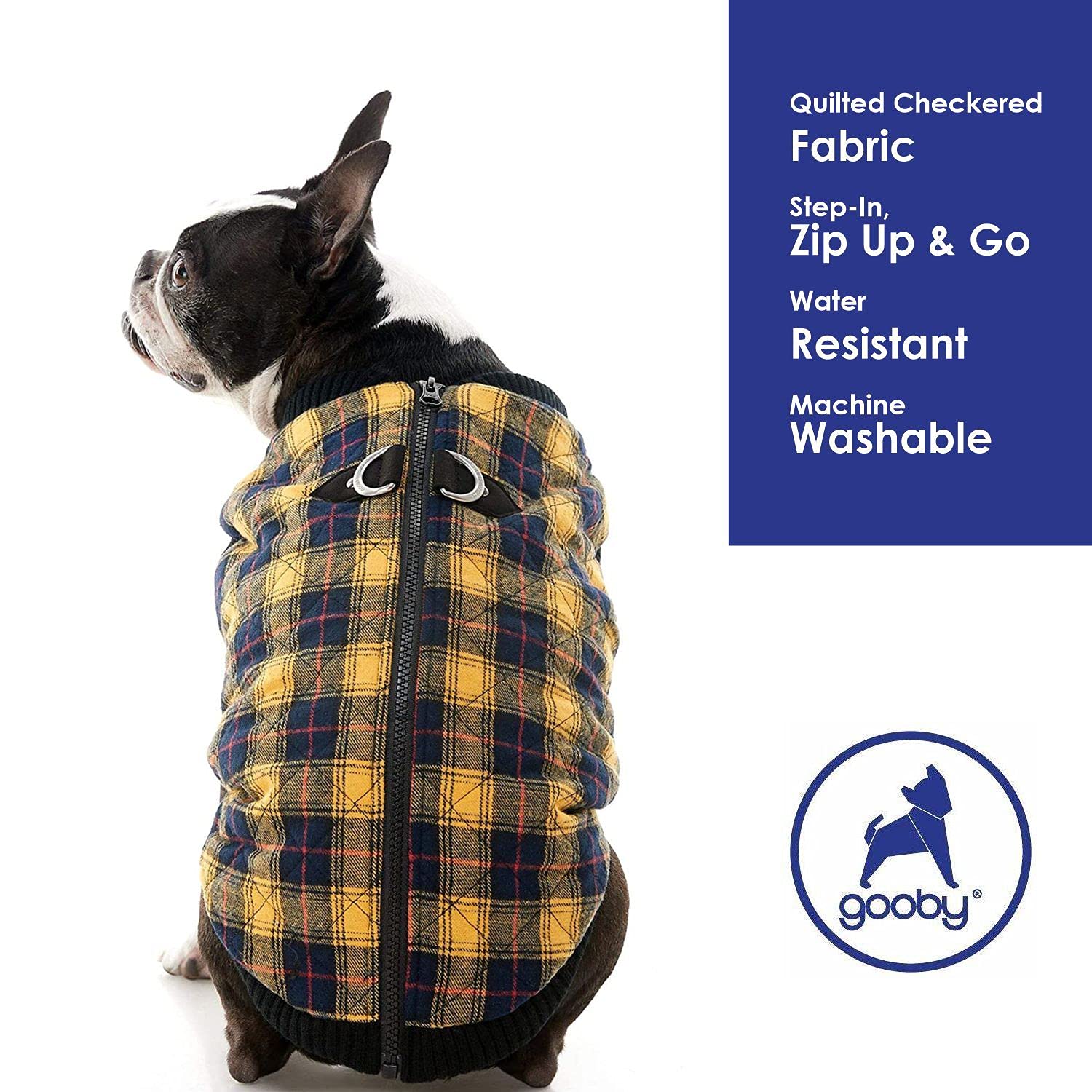 Gooby Fashion Vest Check Dog Jacket - Yellow Check, Large - Warm Zip Up Bomber Vest Dual D Ring Leash - Winter Water Resistant S