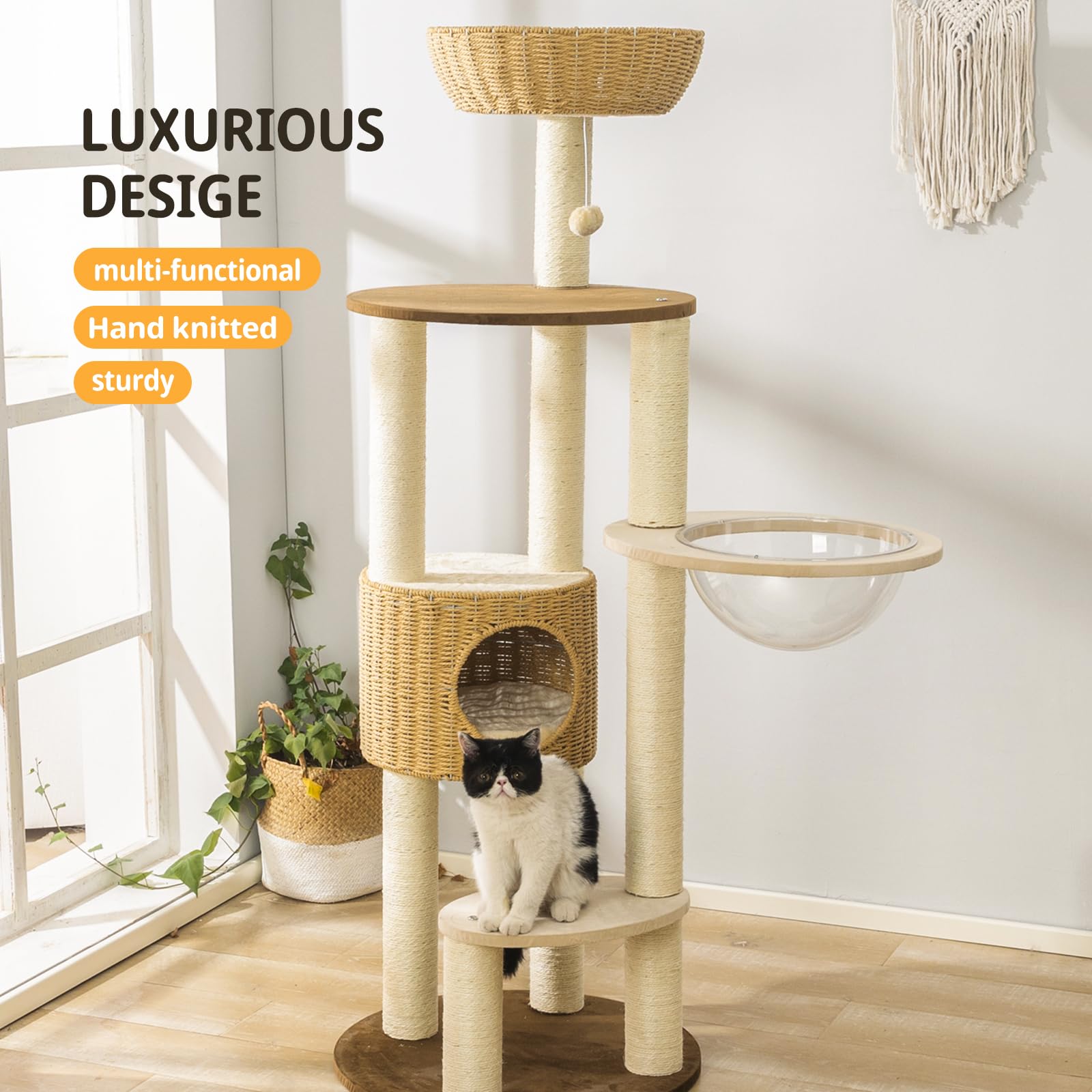 2025 Modern Cat Tree Tower For Large Cats, Advanced Space Module Cat'S Nest, Hand Woven Multilevel Huge Paws Pals Tree, 7Cm Natu
