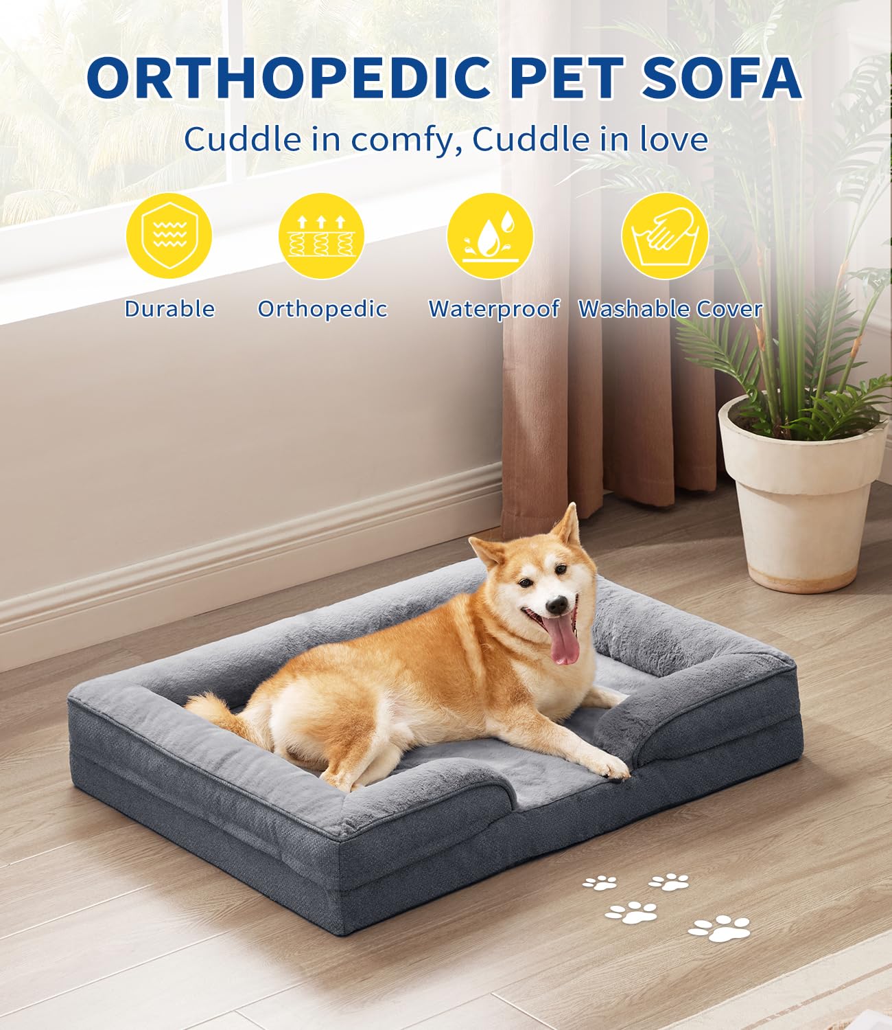 Made4Pet Orthopedic Dog Beds For Large Dogs, Dog Sofa Couch Egg-Crate Foam 38' Pet Couch Bed With Washable Waterproof Cover,Gra
