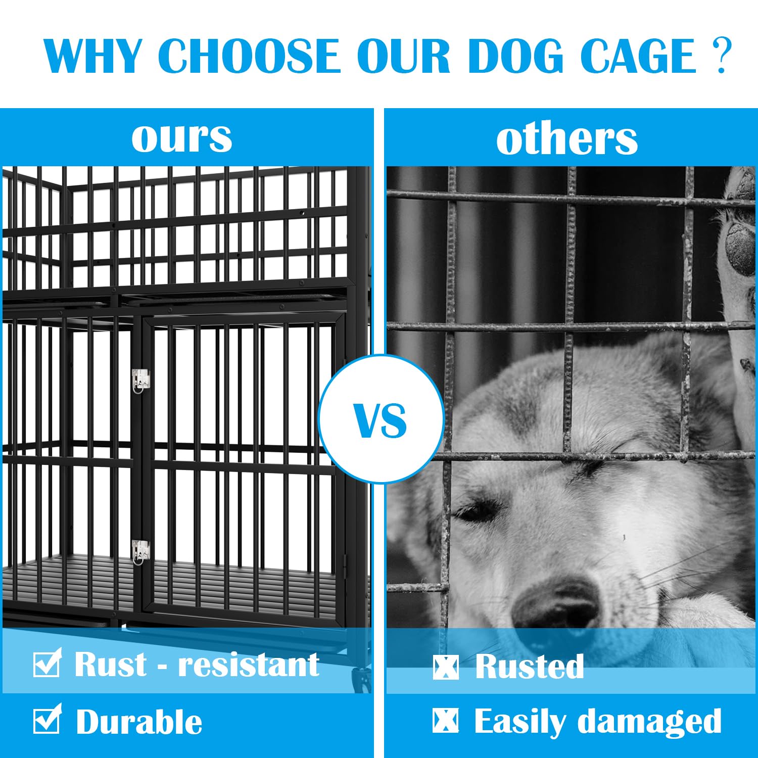 48 Inch Heavy Duty Indestructible Dog Crate, Strong Steel Escape-Proof Double Sub-Mother Breeding Cage For Large Dogs, Impact Ch