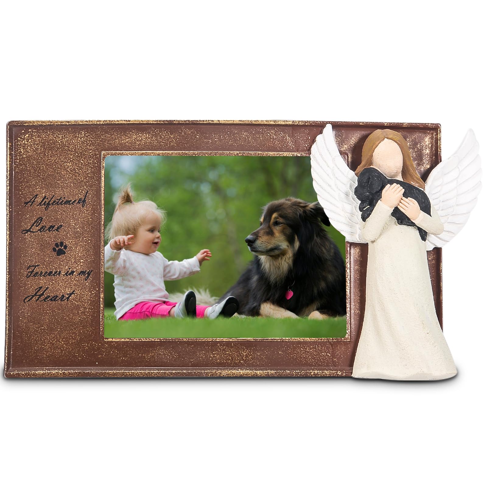 Symbullize Pet Memorial Frame With Guardian Angel Sculpture - Handcrafted Resin 4X3 Inch Photo Display For Dogs & Cats, Memorial
