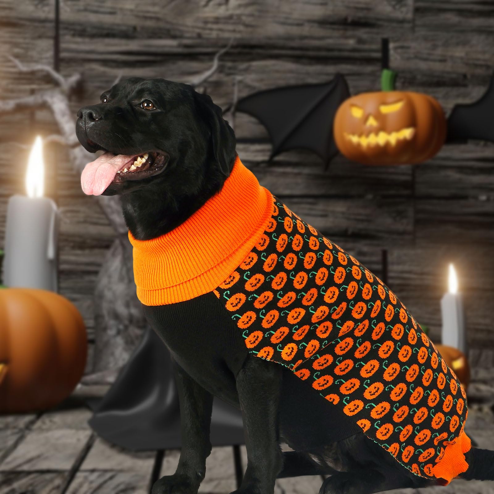 Kyeese Halloween Dog Sweater Pumpkin With Leash Hole Dog Sweater Turtleneck Dog Knitwear Warm Pet Sweater,Xxl