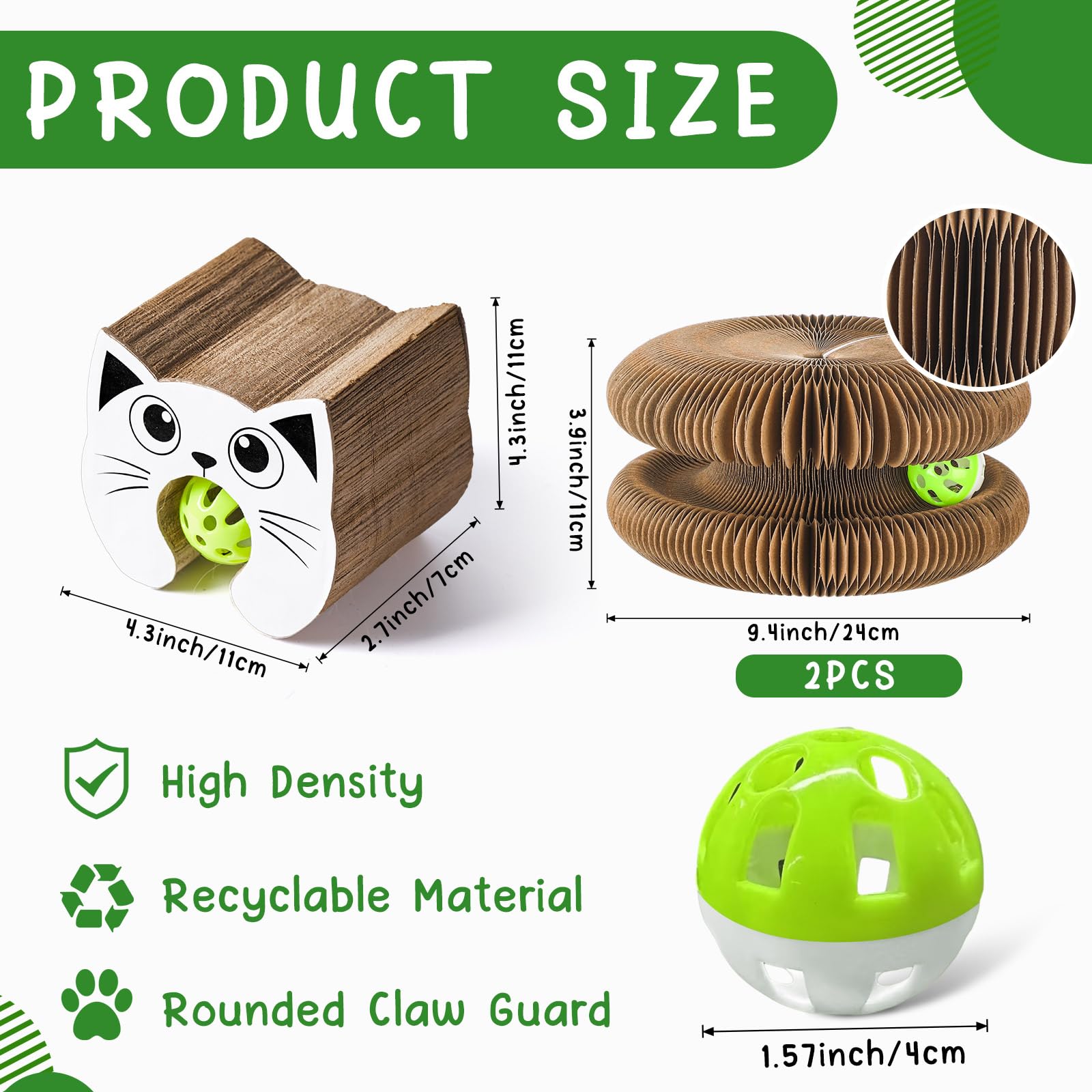 Dansydaisy 2 Pcs Cat Toy Cat Head Magic Organ Cat Scratch Board, Reversible Retractable Accordion Ball Track Cats Toys For Grind
