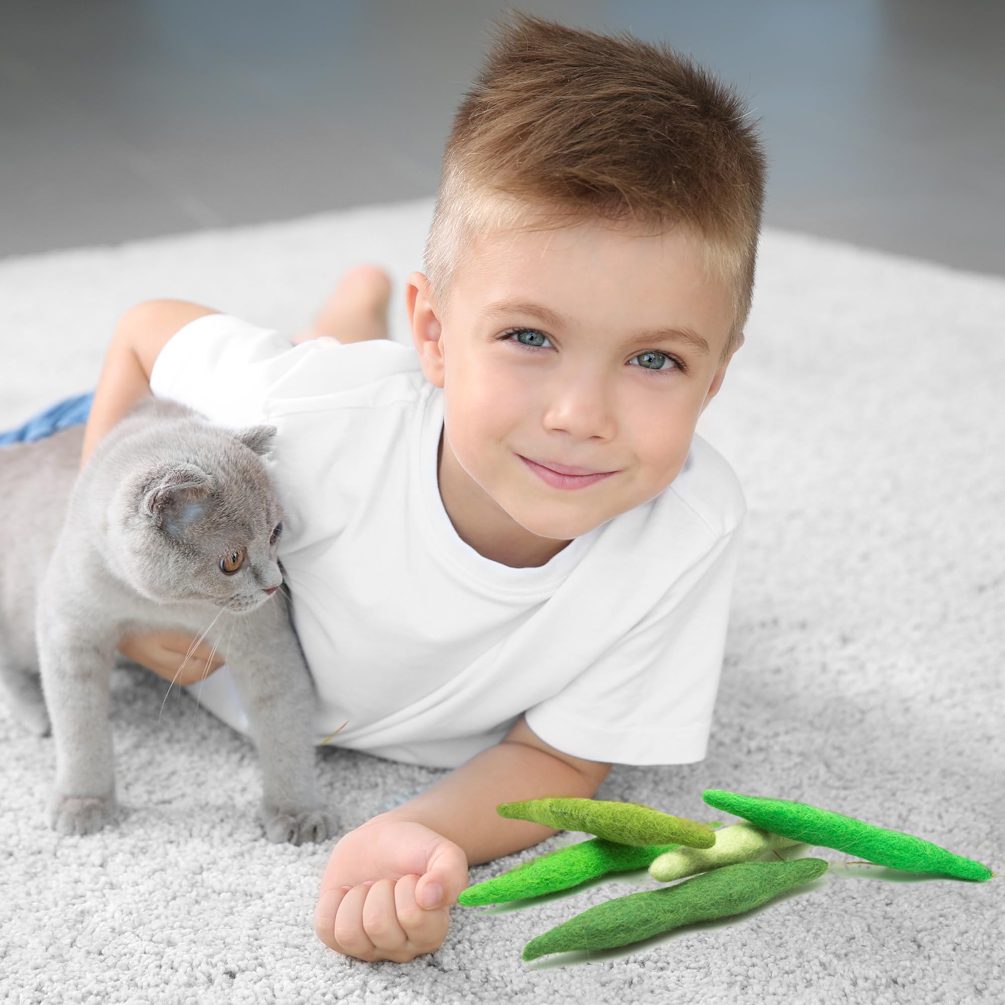 Glaciart One Green Beans Cat Toy - 5 Pcs | Soft Fuzzy Enrichment 100% Natural Wool - Interactive Catnip Play Cat Toy Set - Safe