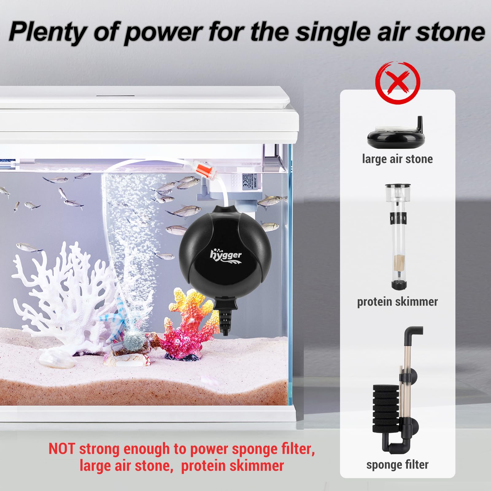 Hygger Quiet Mini Air Pump For Aquarium 1.5 Watt Oxygen Fish Air Pump For 1-15 Gallon Fish Tank With Air Stone Air Tubing Clip Black