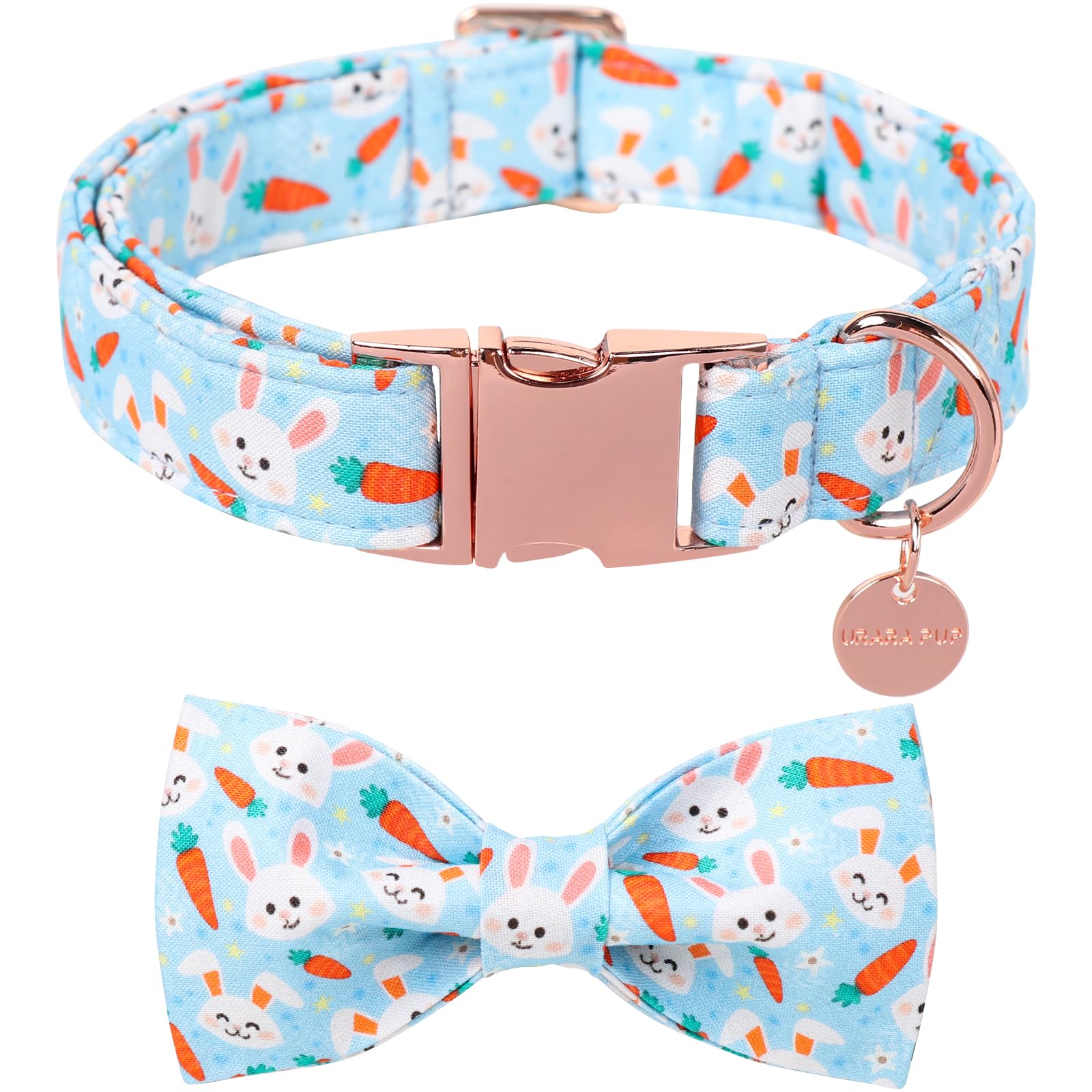 Up Urara Pup Easter Dog Collar With Bow Tie, Cotton Carrot Bowtie For Large Girl Boy Dog, Cute Bunny Pet Collar With Metal Buckl