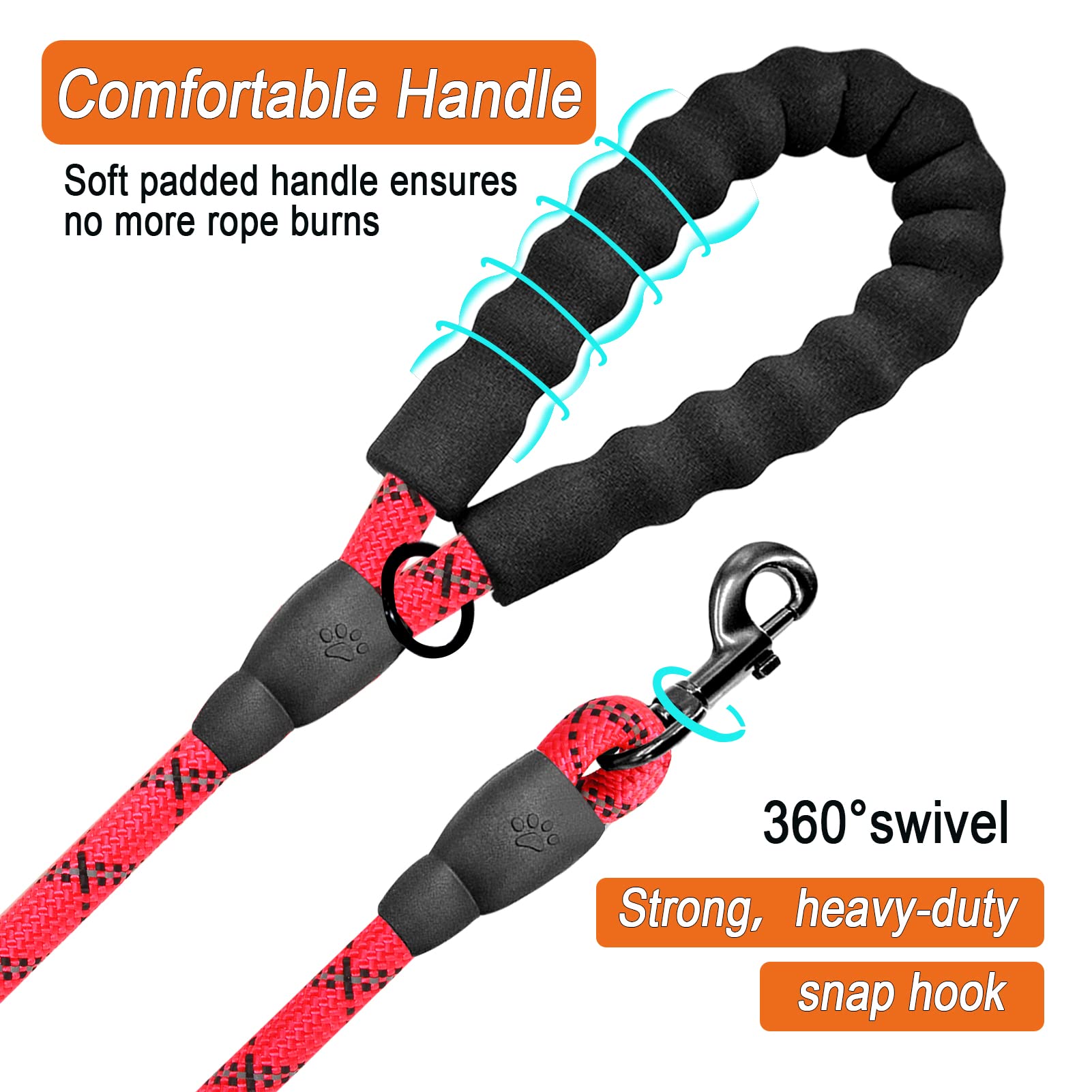 Barkbay 2 Pack Dog Leashes For Large Dogs Rope Leash Heavy Duty Dog Leash With Comfortable Padded Handle And Highly Reflective Threads 5 Ft For Small Medium Large Dogs(Red+Black)