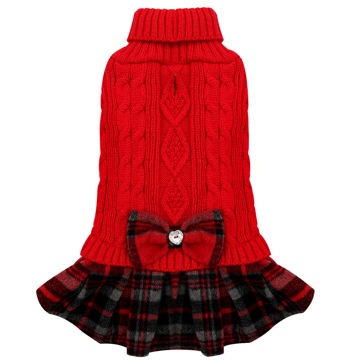 Kyeese Christmas Dog Sweater Dress With Bowtie Checkered Turtleneck Dog Sweaters For Small Dogs Warm Pet Sweater Knitwear Red