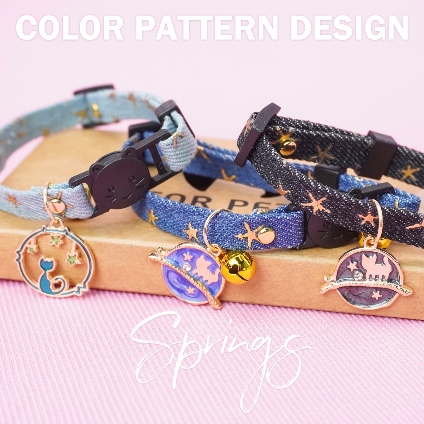 Dillybud 3 Pack Breakaway Cat Collars With Bell- Moon And Stars Pendant Cat Collar For Girl Boy Cats With Safety Buckle- Cute Ki