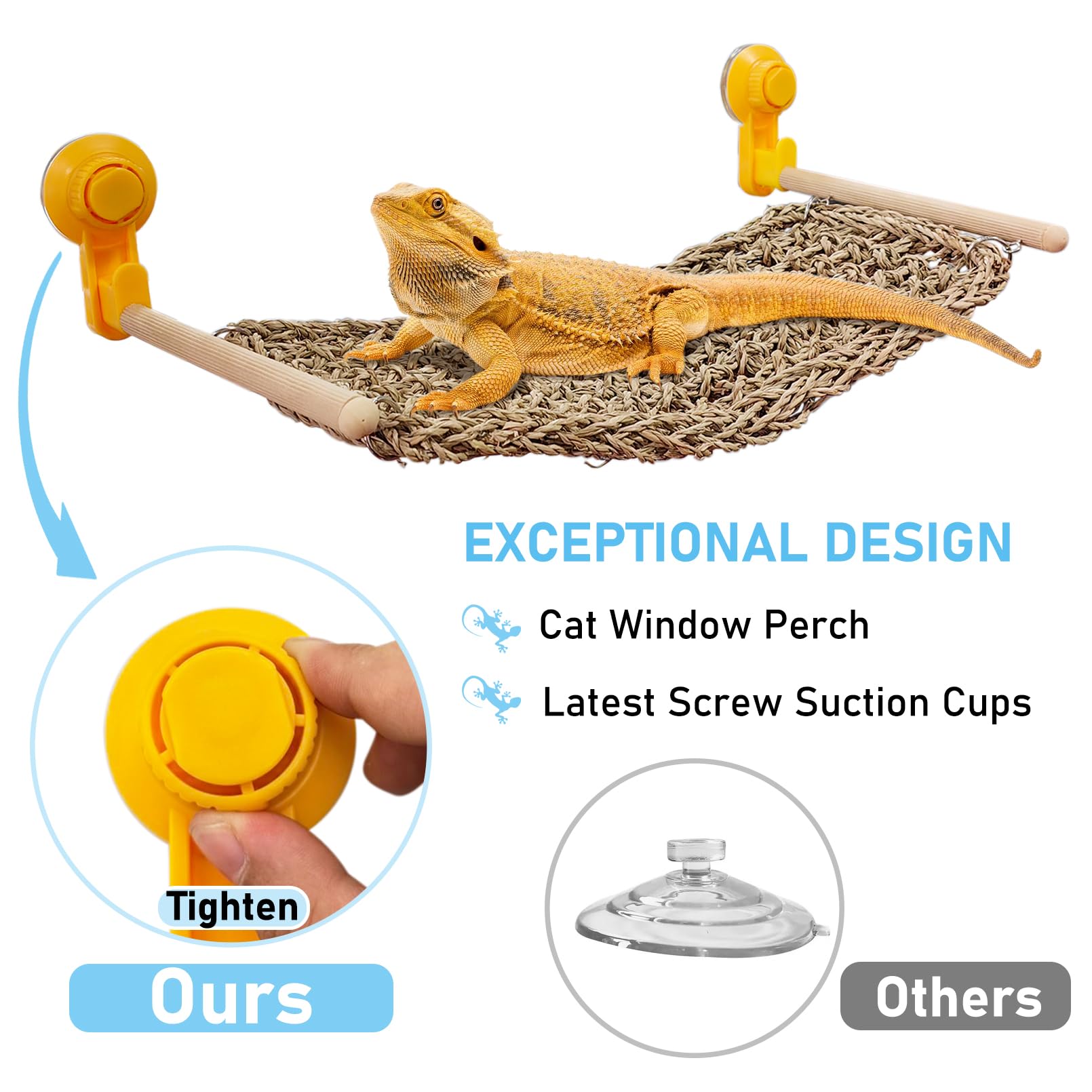 VCEPJH Bearded Dragon Window Perch Reptile Window Hammock Natural Seagrass Lizard Lounger Bed with Powerful Suction Cups Climbin
