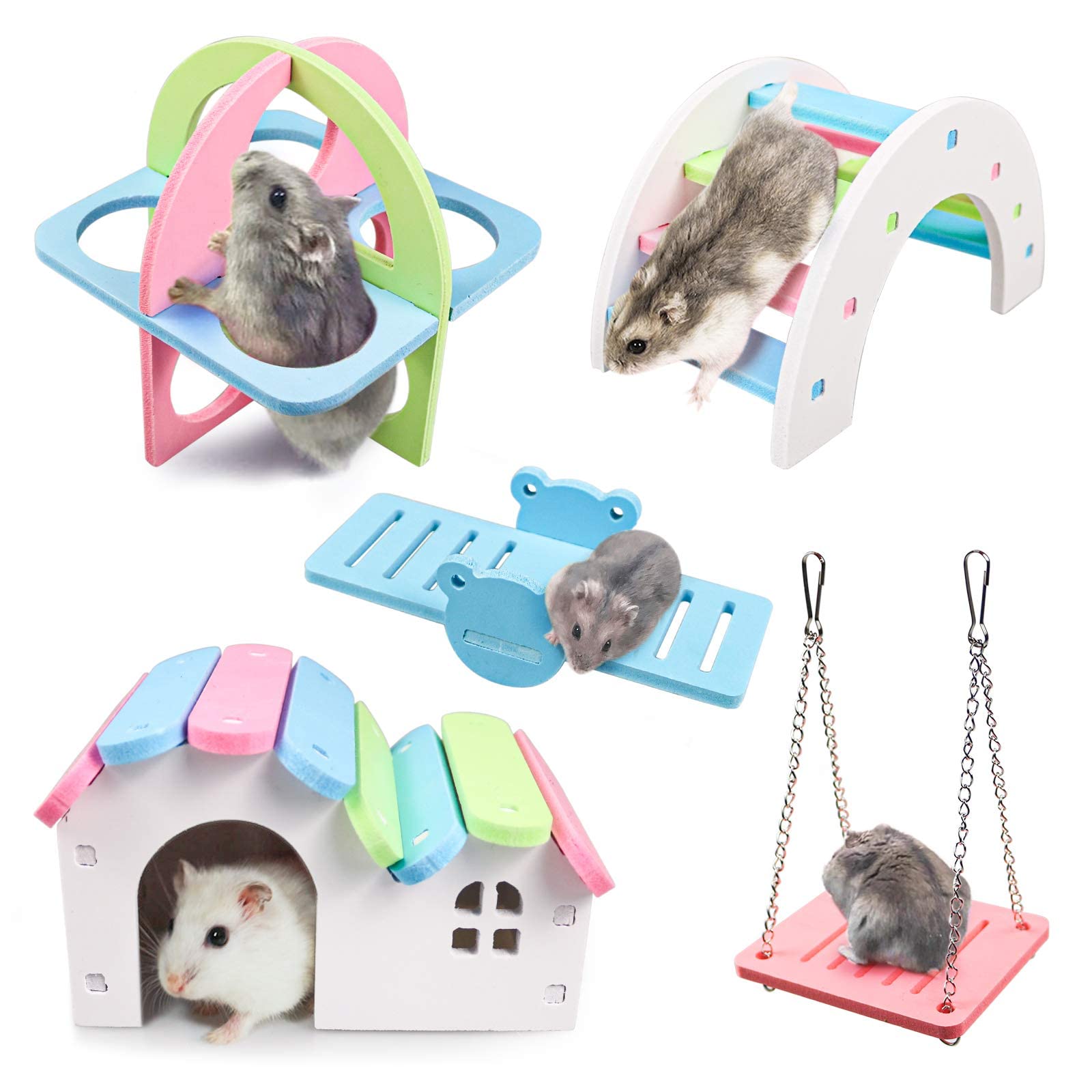 Dwarf Hamsters House Diy Wooden Gerbil Hideout Rainbow Bridge Swing And Pvc Seesaw, Pet Sport Exercise Toys Set, Sugar Glider Sy