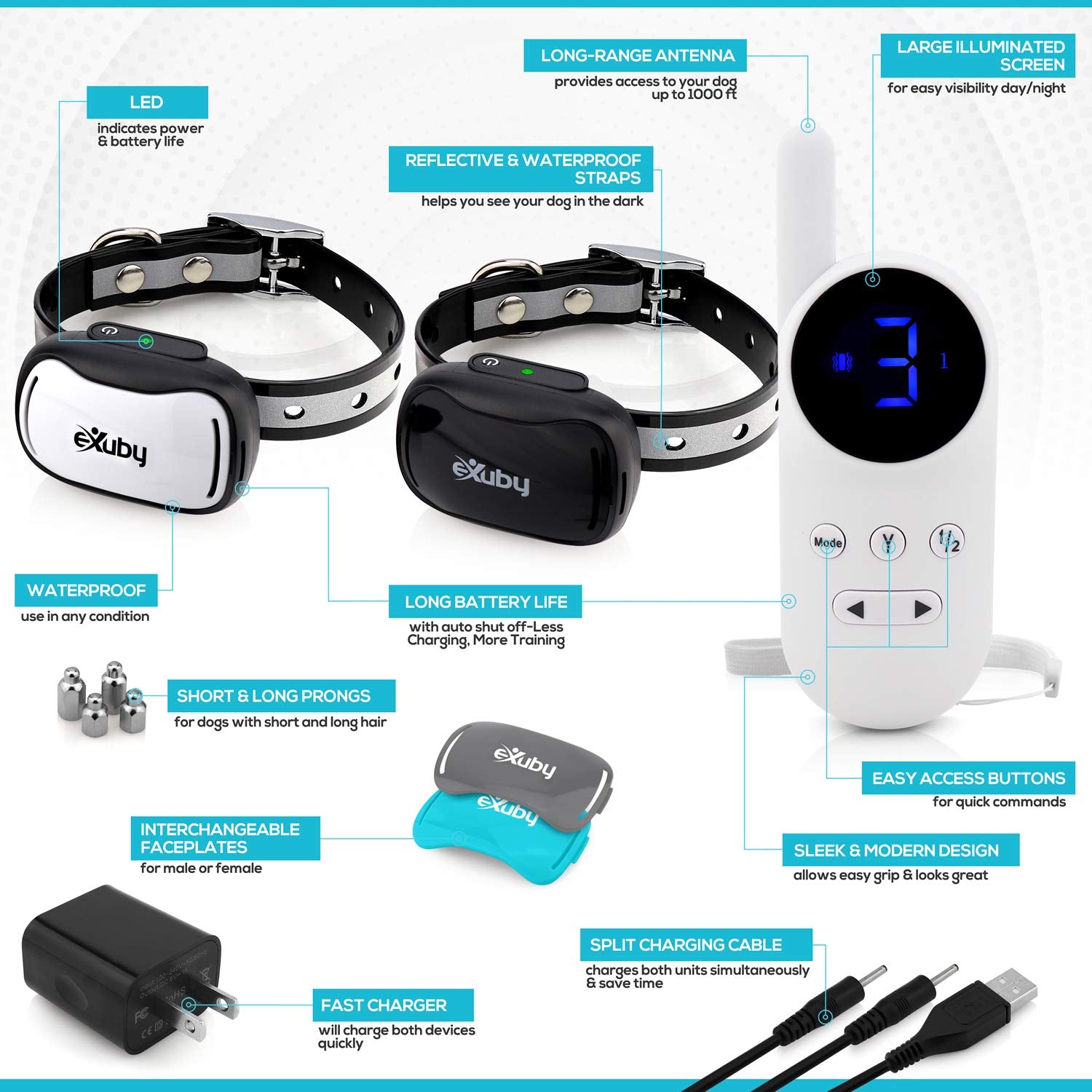 eXuby Tiny Dual Shock Collar - Small, Water-Resistant, Rubber - 9 Intensity Levels - White Remote