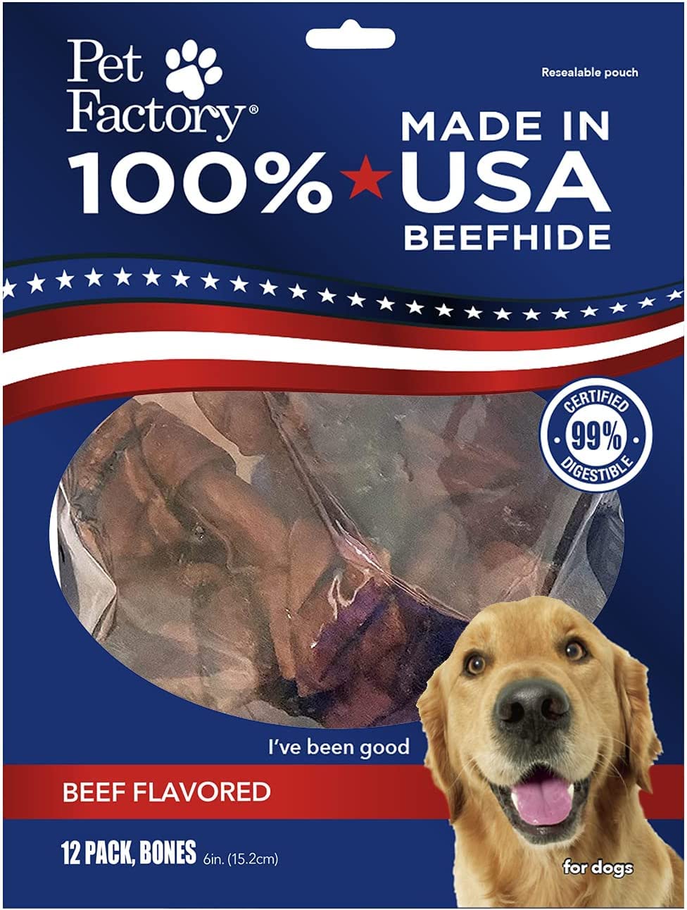 Pet Factory 100% Made in USA Beefhide 6 Knotted Bones Dog Chew Treats - Beef Flavor, 12 Count/1 Pack